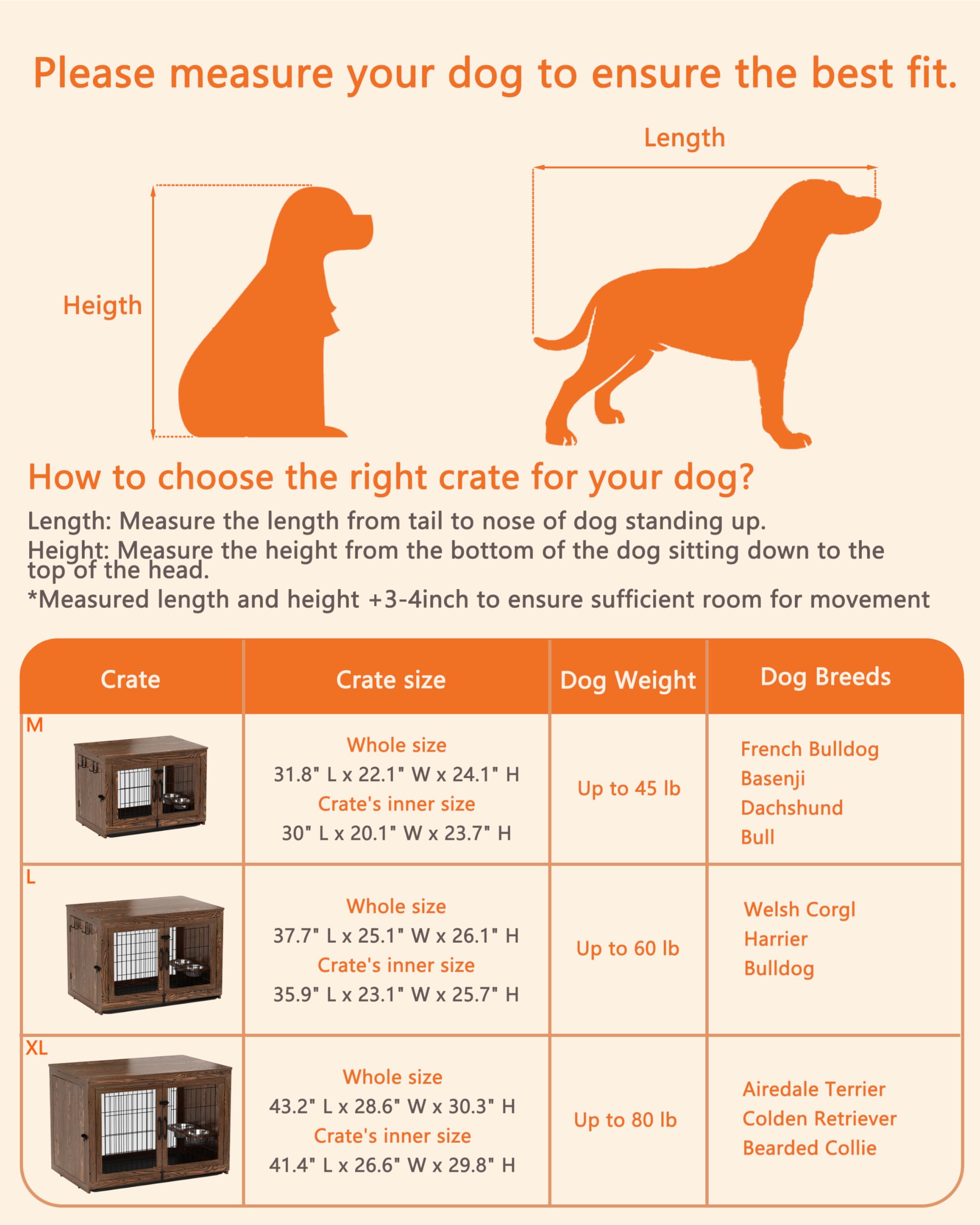 Piskyet Rustic Style Wooden Dog Crate Furniture - 360° Rotatable Removable Dog Bowls, Double Door Dog Kennel with Tray - End Table for Small to Medium Dogs (31.8