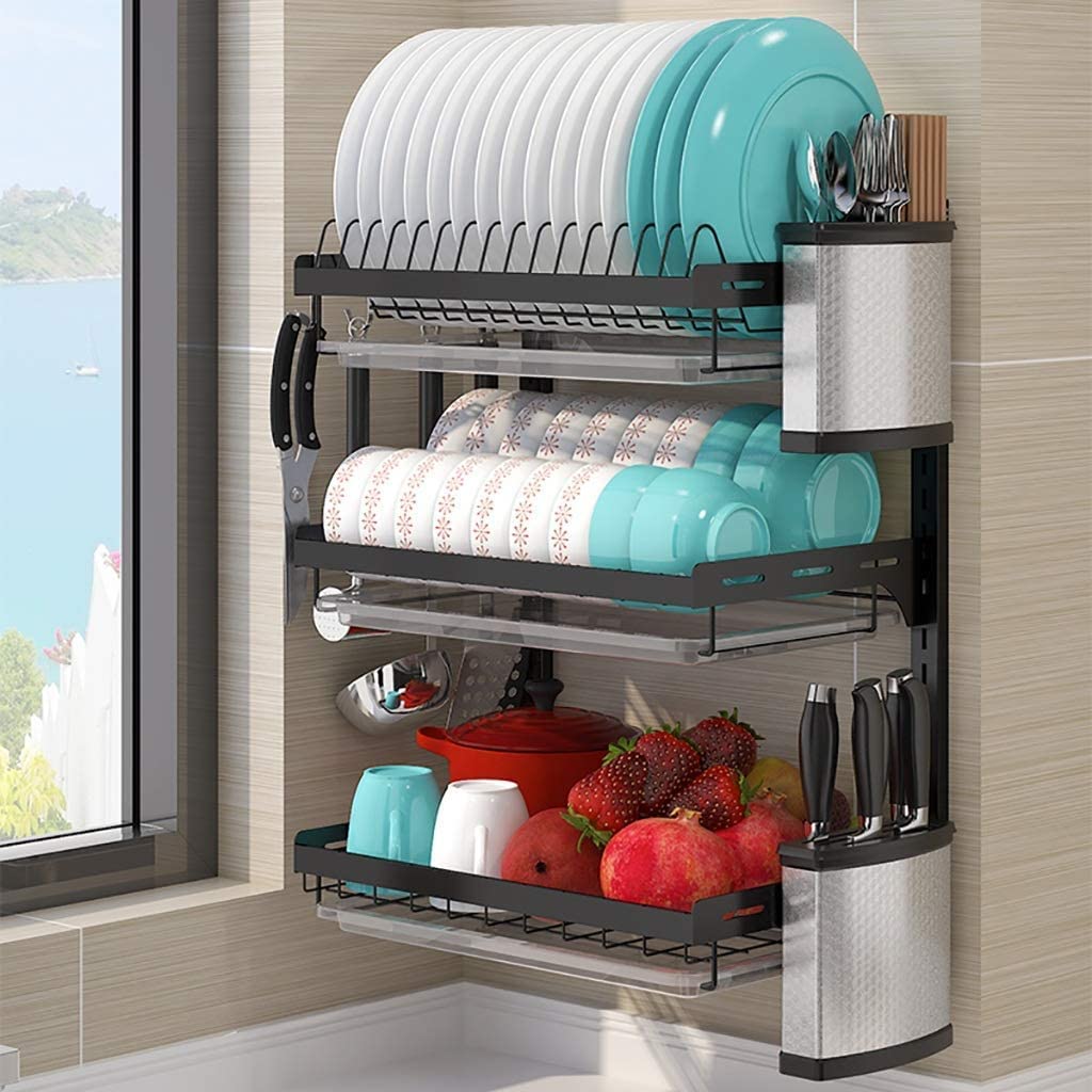Stainless Steel 3-Tier Wall Mounted Dish Rack with Knife Holder & Chopsticks Cage - 41.2×26.6×55.5cm Black Kitchen Storage Shelf for Space Saving & Organization - Perfect for Small Apartments, RV Kitchens, and Dish Drying Needs