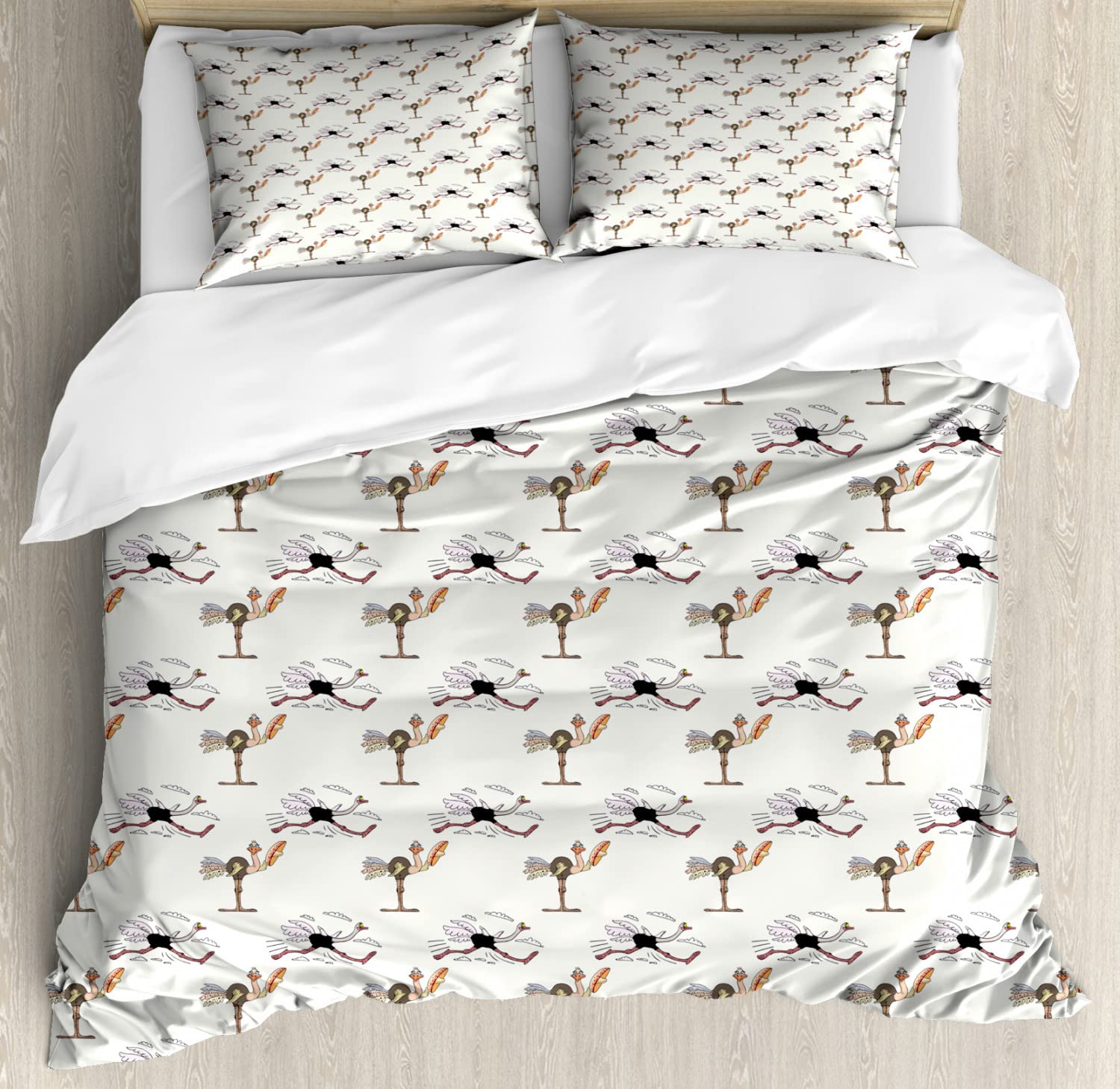 Ambesonne Ostrich Duvet Cover Set - Colorful Cartoon Character Design, 2-Piece King Size Bedding Set with 4 Pillowcases, Quirky Pattern for Kids & Teens Bedroom Decor
