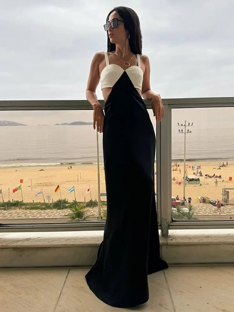 Elegant Contrast Hollow Out Slim Long Dress for Women - Sleeveless Bodycon Maxi Robe | Summer Party, Vacation & Evening Wear | Fashionable 2025 Dress for Special Occasions