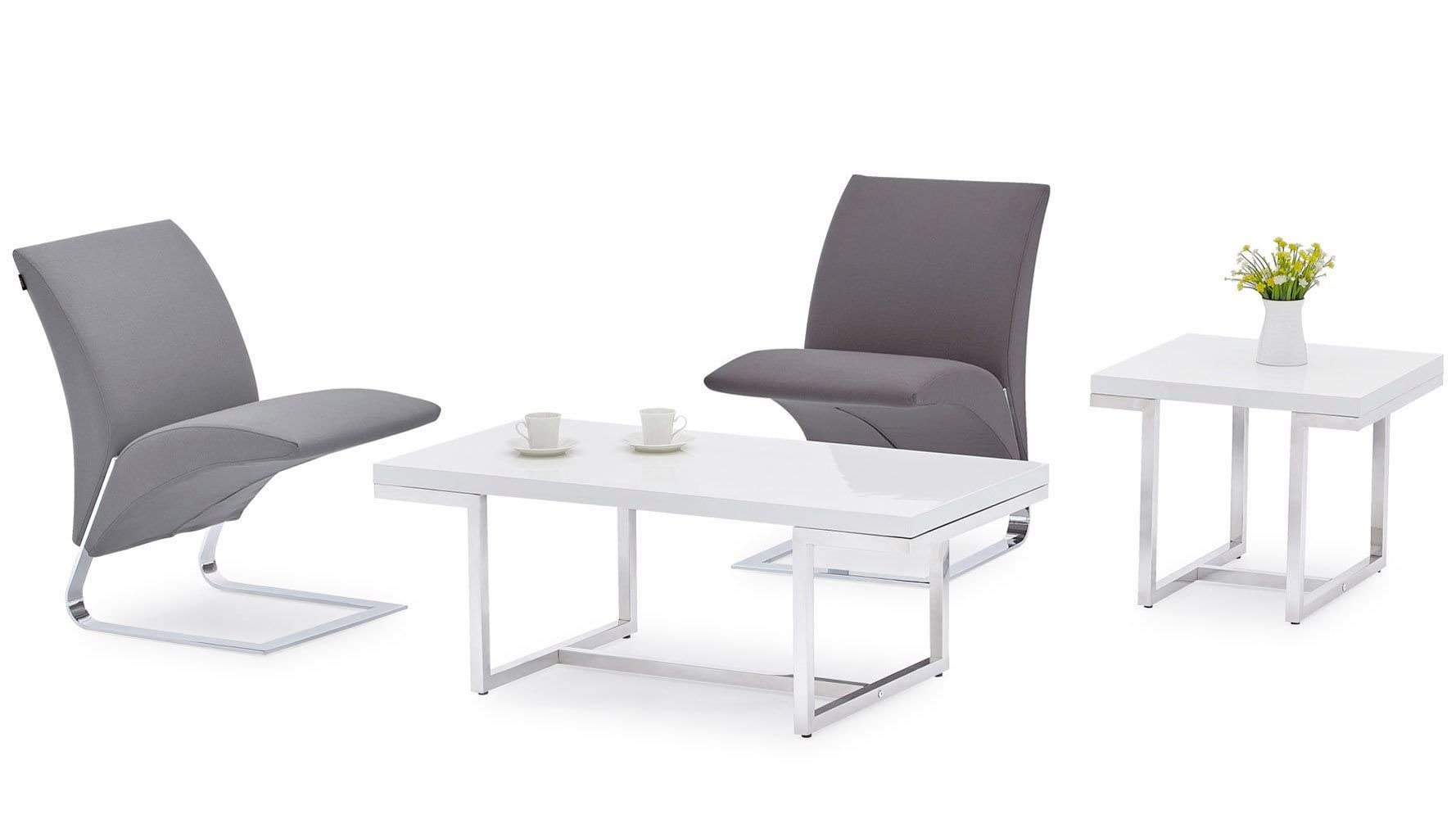 Modern ZURI Straz Coffee Table - Glossy White Lacquer Top with Polished Stainless Steel Base - Perfect for Living Room, Lounge & Office Decor