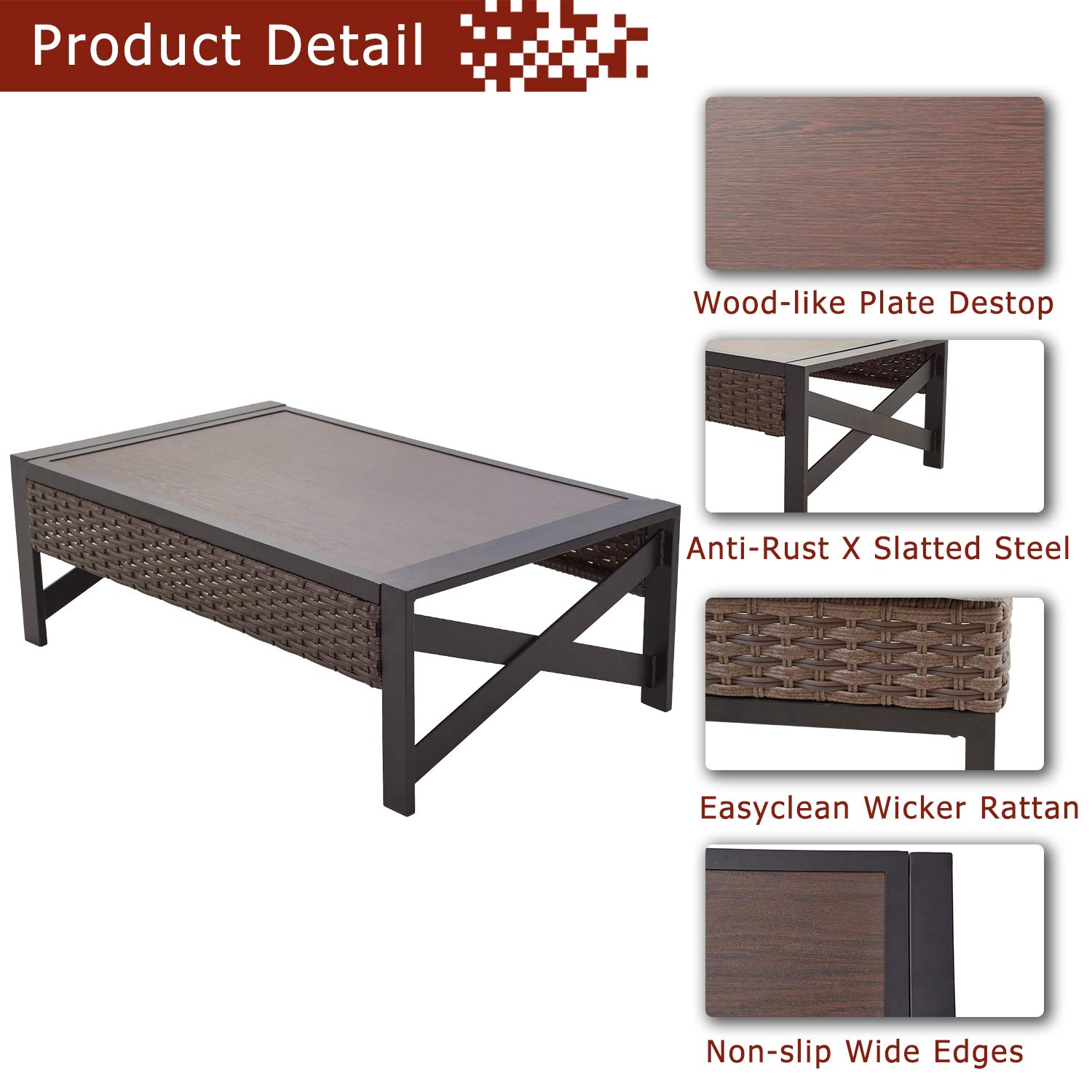 Festival Depot Patio Coffee Table - Wicker Rattan Outdoor Furniture with Wood Grain Top - Perfect for Bistro, Deck, Garden & Backyard (Rectangle)