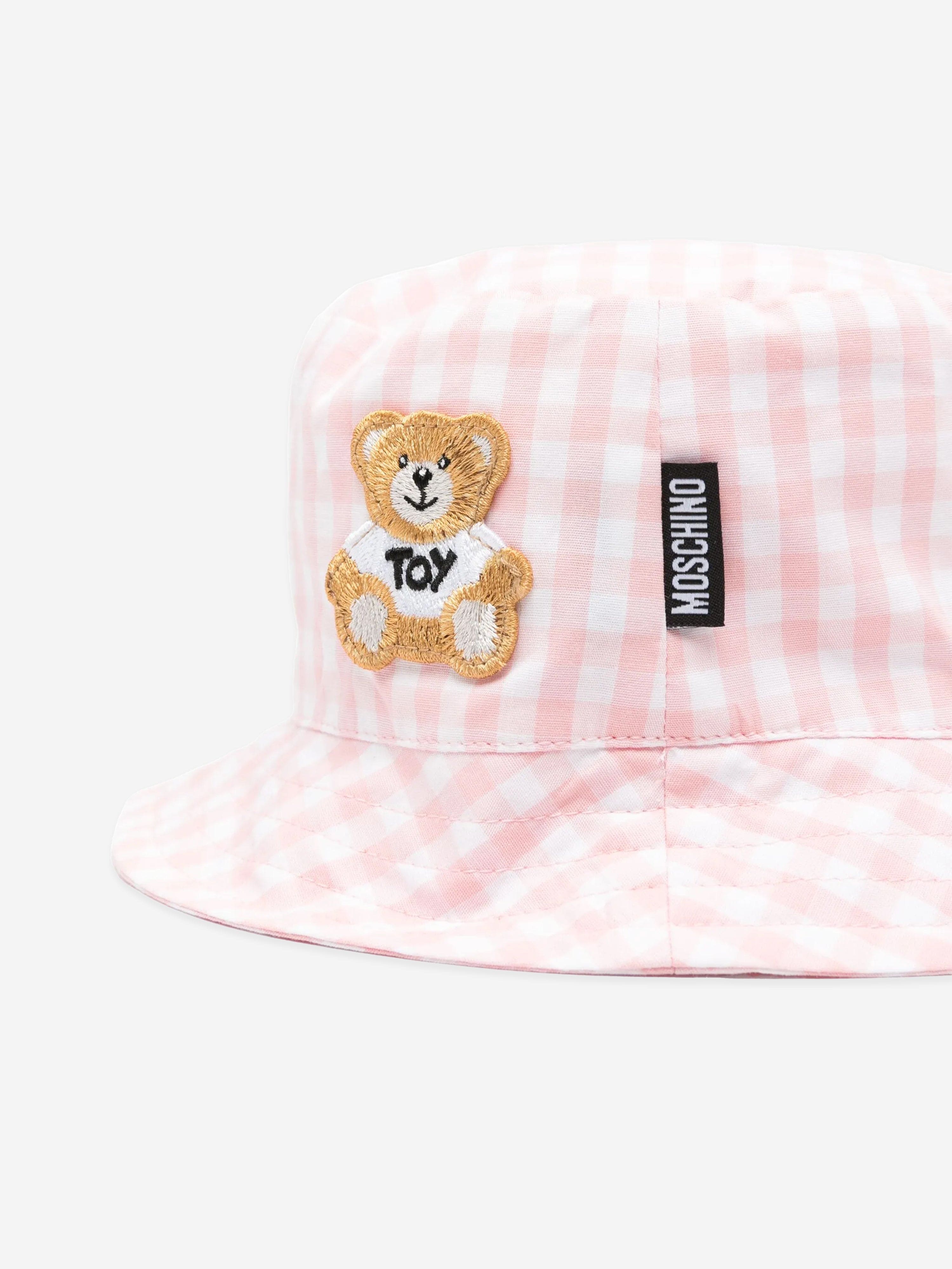 Pink Gingham Teddy Bear Bucket Hat for Baby Girls - Cute Sun Protection Hat for Outdoor Play, Beach & Photoshoots