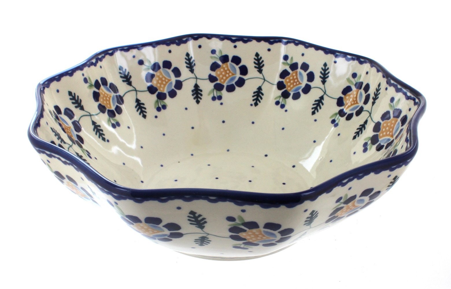 Handmade Blue Rose Polish Pottery Sunflower Medium Decagonal Serving Bowl - Elegant Farmhouse Tableware for Salads, Pasta & Entertaining