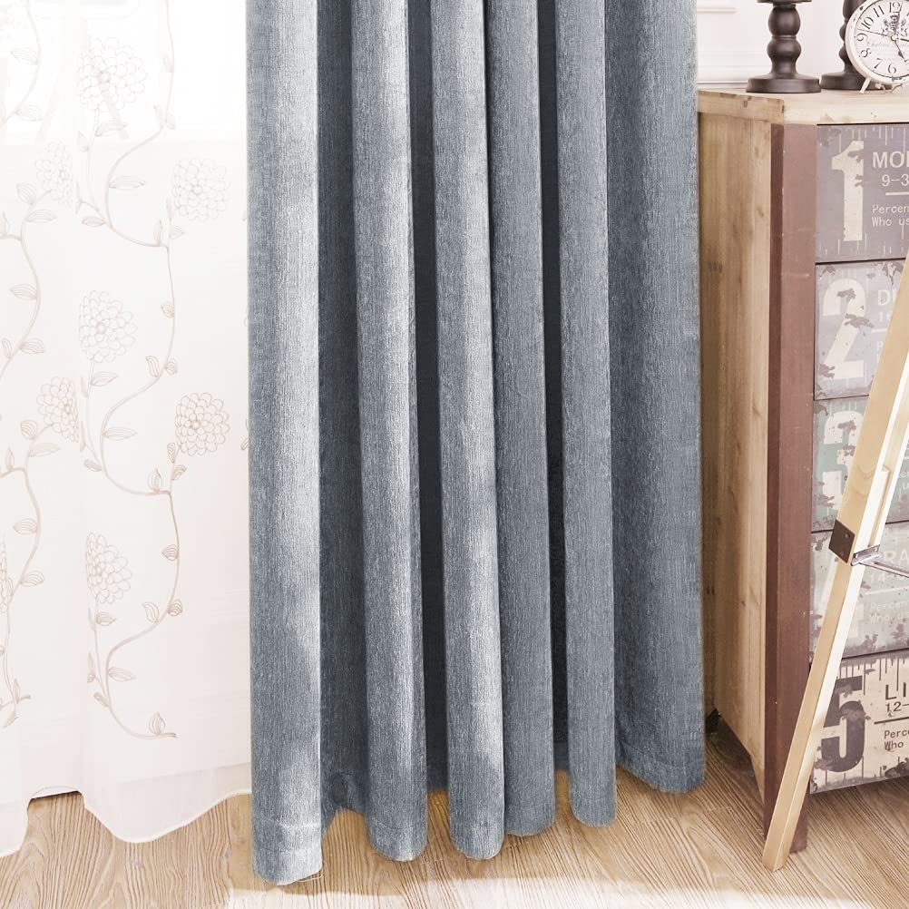 Premium Double-Sided Chenille Window Curtains - Silver Grey Luxury Drapes for Living Room & Bedroom (52x96 Inches, Rod Pocket, 2 Panels) - Perfect for Home Decor, Light Control & Privacy