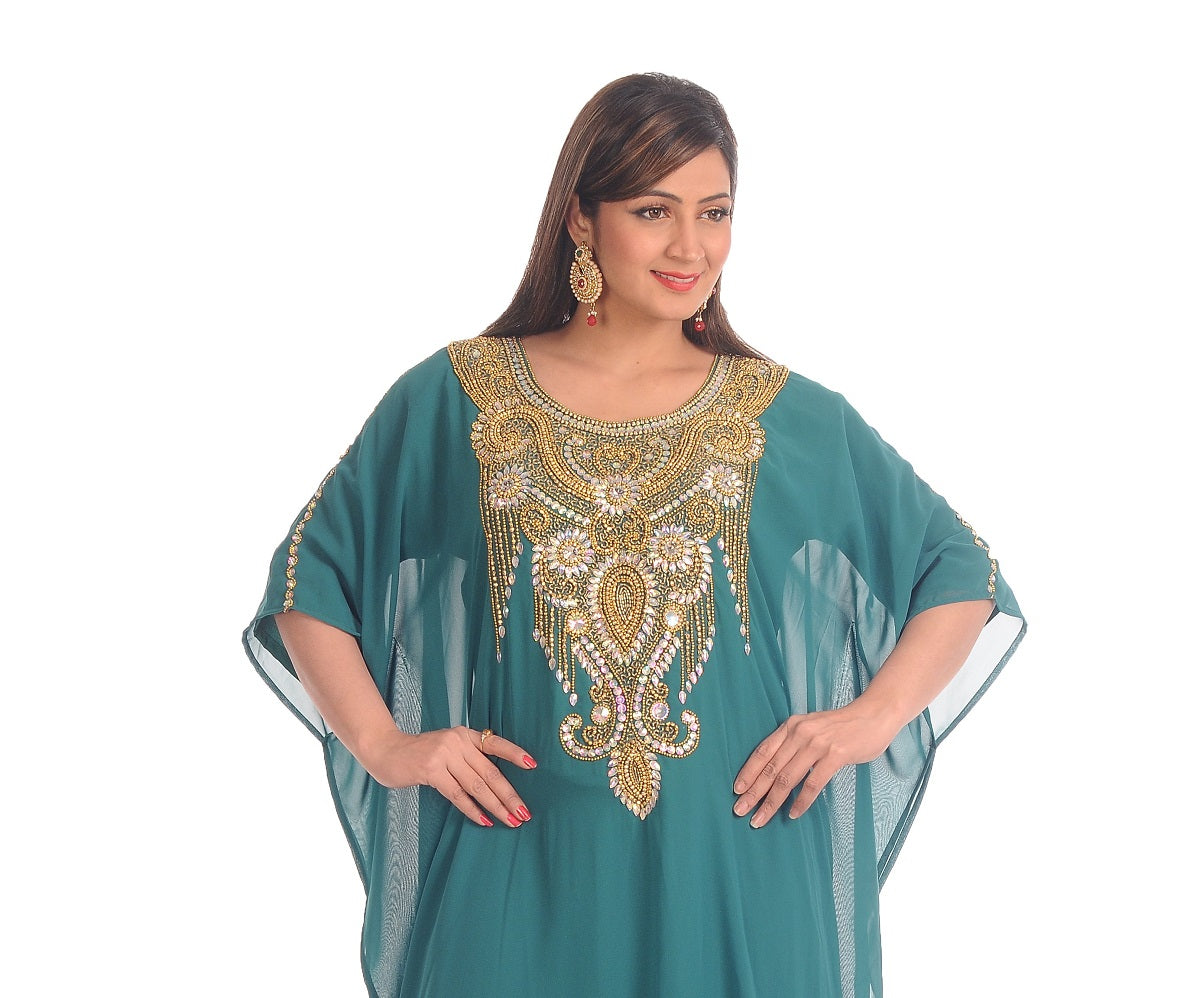 Farasha Boho Embroidered Maxi Dress in Rama Green - Elegant Floral Design for Women, Perfect for Summer Festivals, Beach Vacations & Boho Chic Outfits