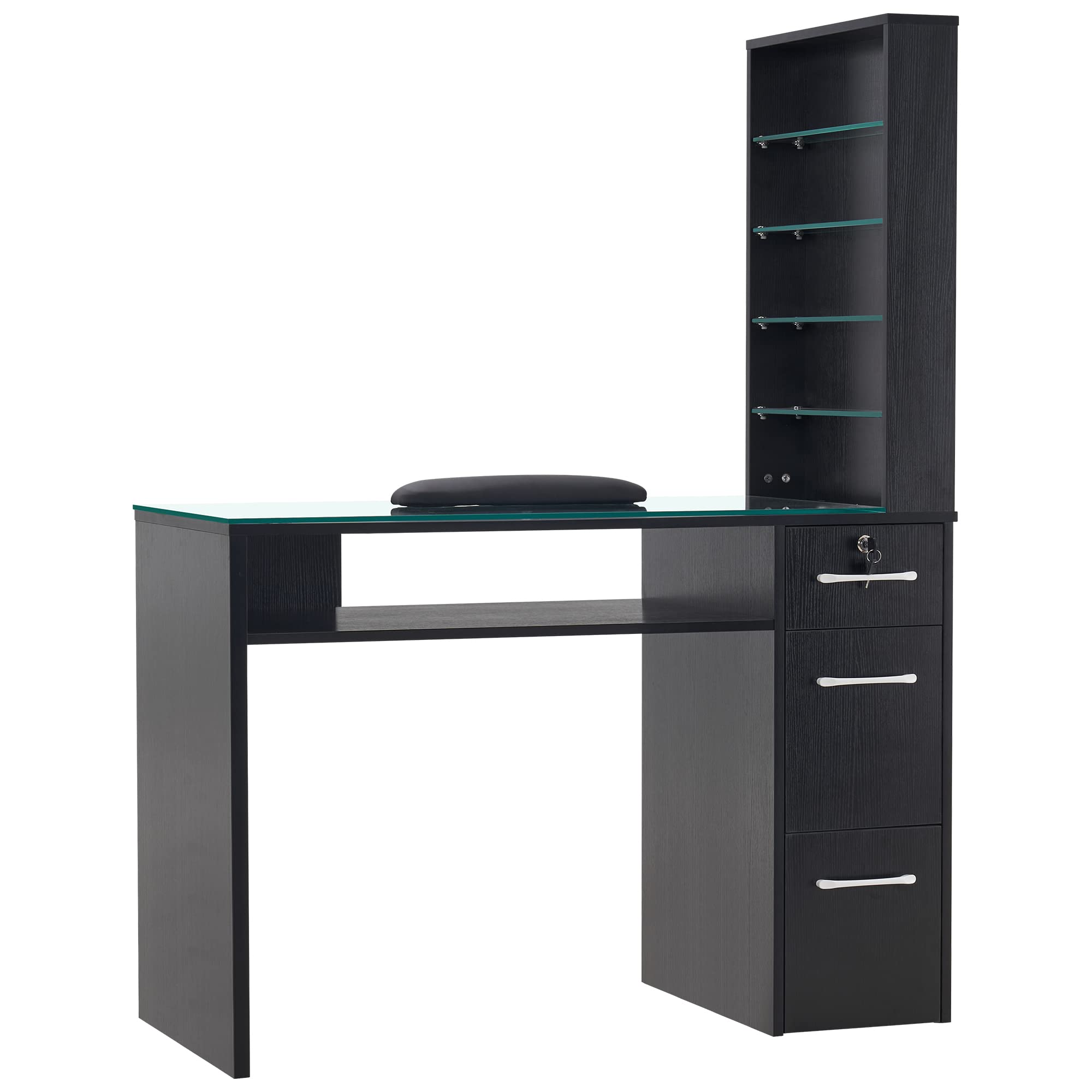 Professional BarberPub Manicure Table with 3 Drawers & Storage Shelves - Black Spa Beauty Salon Station Nail Desk 2673 - Perfect for Nail Salons, Home Studios & Professional Barber Shops