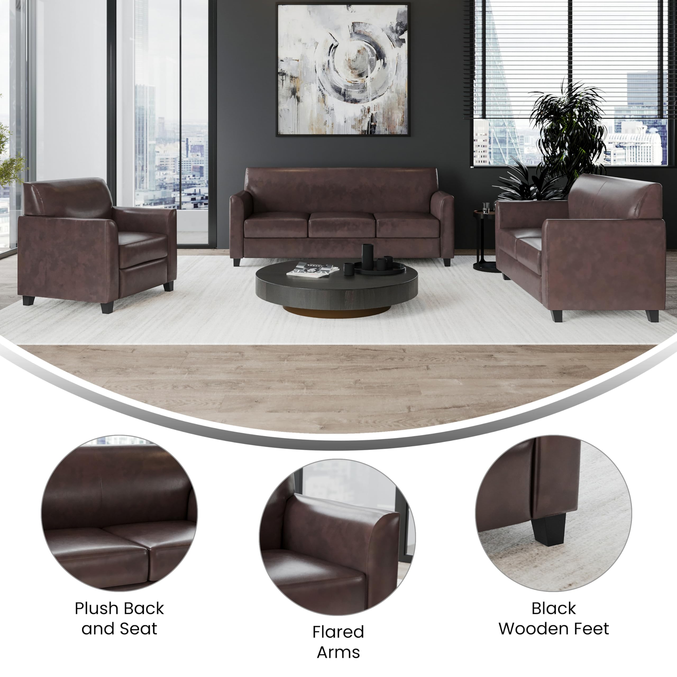 Flash Furniture HERCULES Diplomat Series Brown LeatherSoft Reception Set - 3-Piece Office Lobby Sofa & Chair Set for Professional Waiting Areas & Corporate Reception Rooms