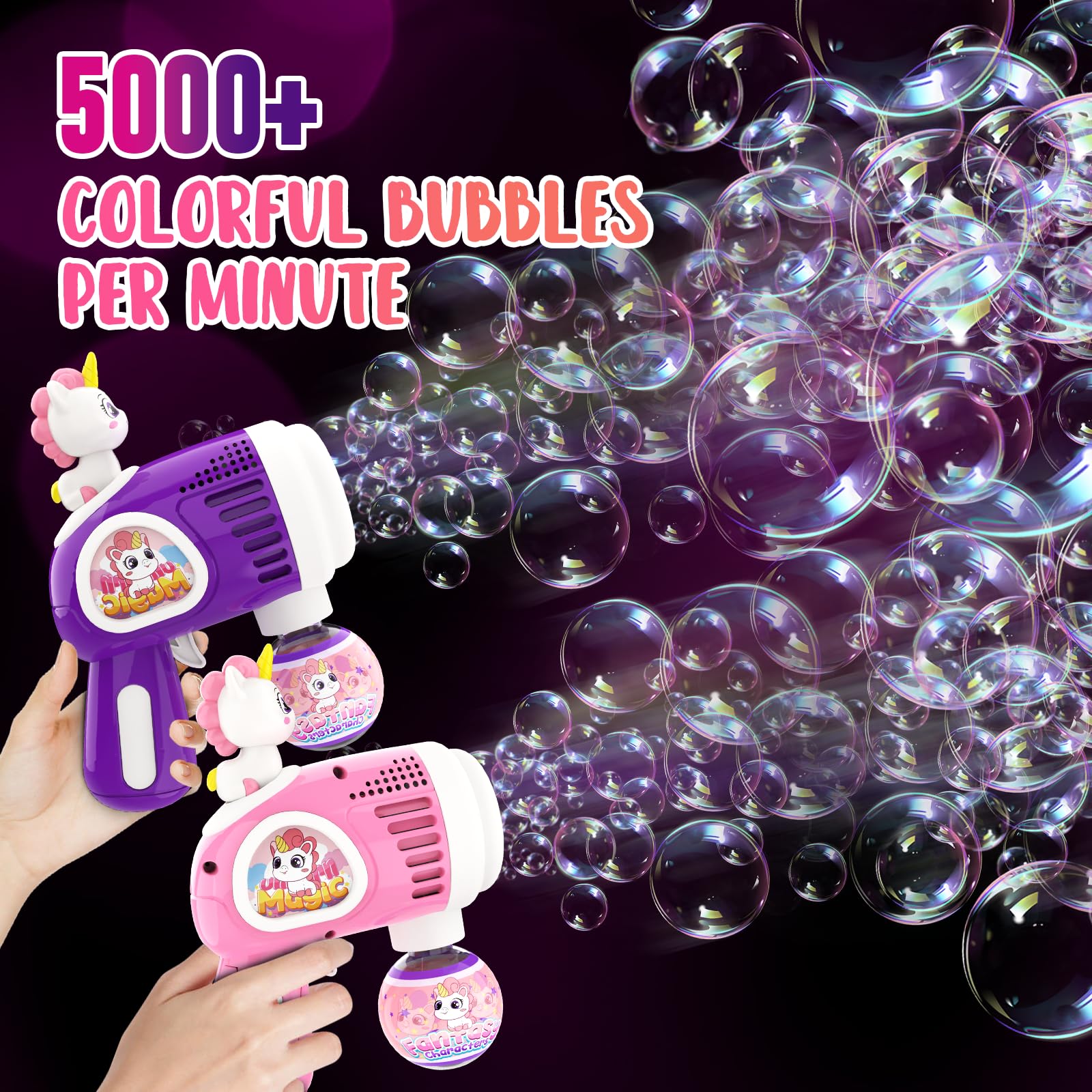 LED Unicorn Bubble Blaster Gun for Kids - 2 Pack with 2 Bottles & 10 Bags Refill Solution, Light Up Bubble Machine Toy for Toddlers Boys Girls - Perfect Birthday Gift, Children's Day & Party Favors | Outdoor Play, Backyard Fun, Birthday Parties & Summer Activities