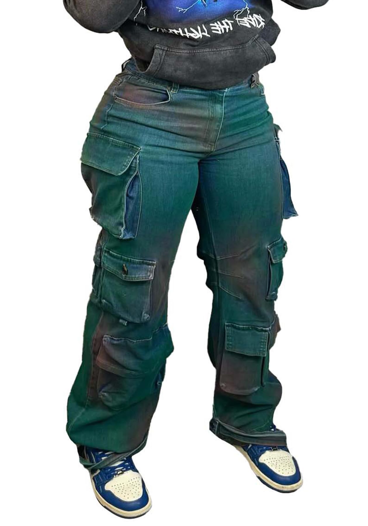 Voghtic Women's High Waisted Cargo Jeans - Y2K Stretchy Wide Leg Pants with Multiple Pockets | Straight & Baggy Fit for Casual Wear, Street Style & Outdoor Activities