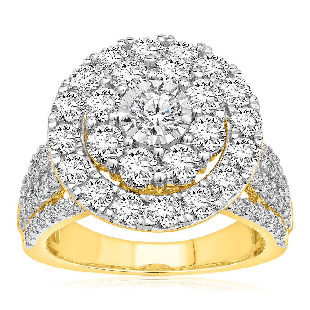 9ct Yellow Gold 3 Carat Diamond Round Cluster Ring for Women - Elegant Wedding, Engagement & Anniversary Jewelry Gift - Perfect for Special Occasions