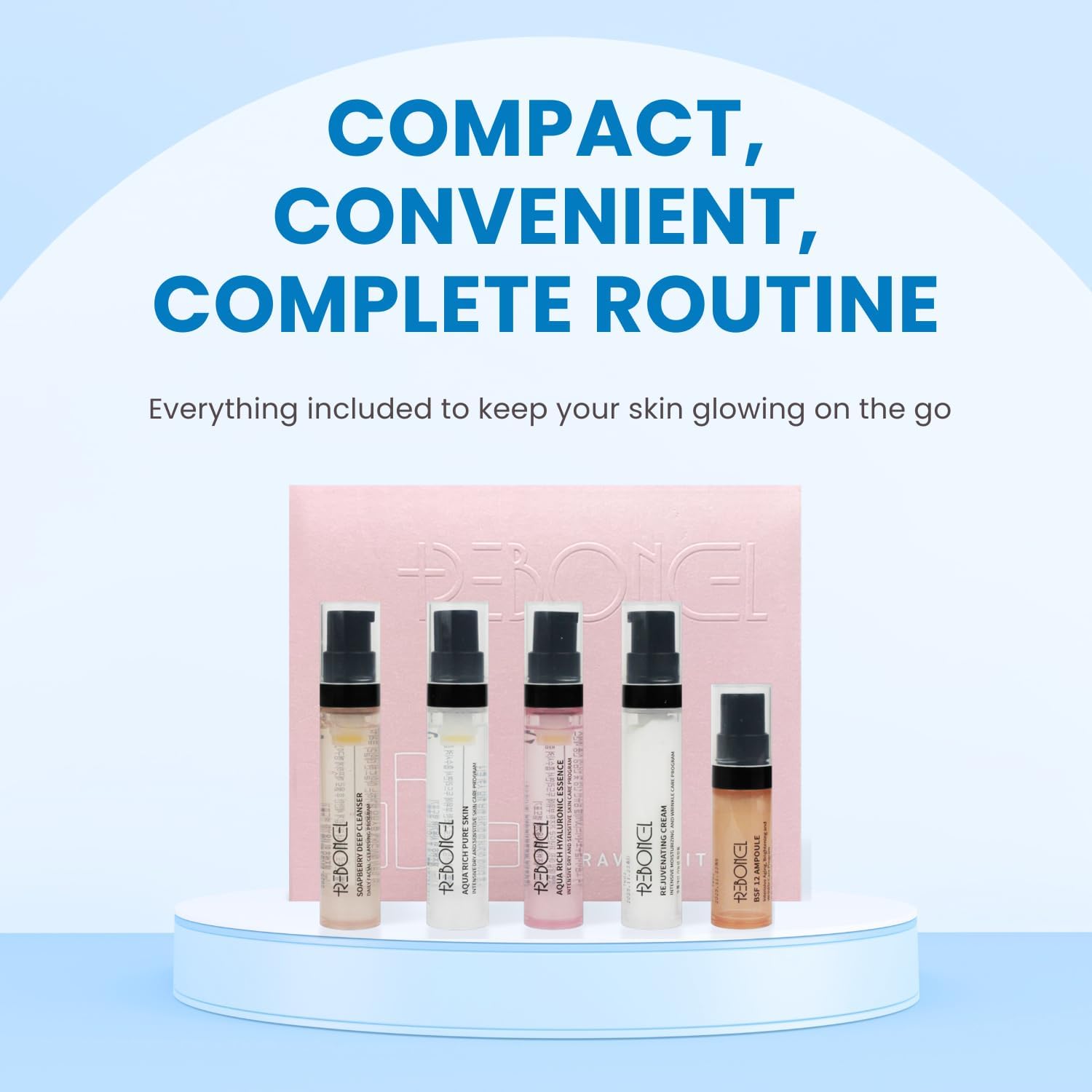 Korean Skin Care Travel Set - TSA Approved Travel Size Toiletries with Ampoule, Cleanser, Toner, Essence & Cream | All-Natural Moisturizing Skincare Gift Set | Perfect for On-The-Go Hydration & Airplane Travel Essentials
