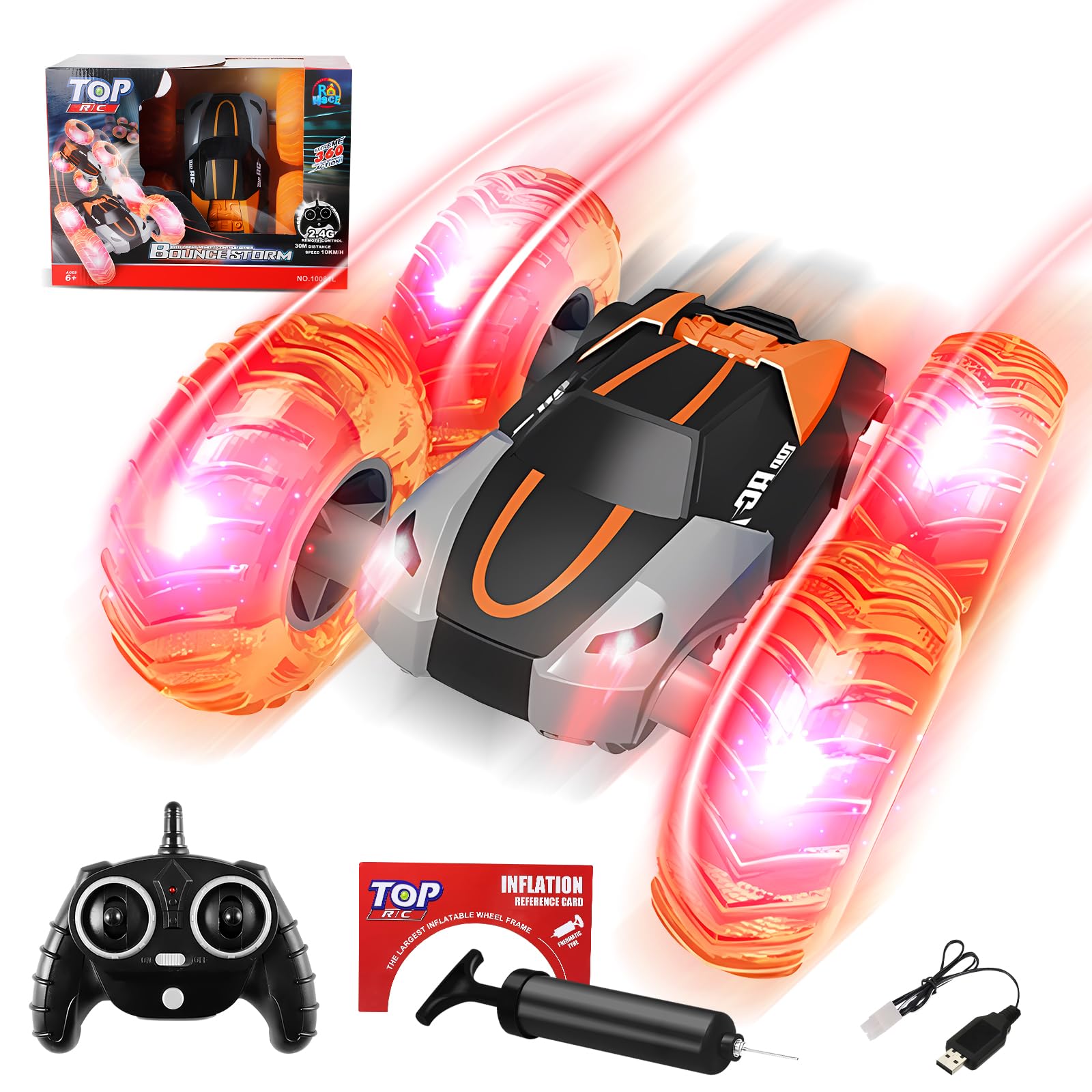 2.4GHz Remote Control Stunt Car - All Terrain Off-Road RC Truck with Inflatable Wheels & 60 Min Playtime | Rechargeable Glow Up Toy for Boys Age 4-12 | Birthday, Easter Gift | Perfect for Outdoor Play, Backyard Racing & Kids Parties