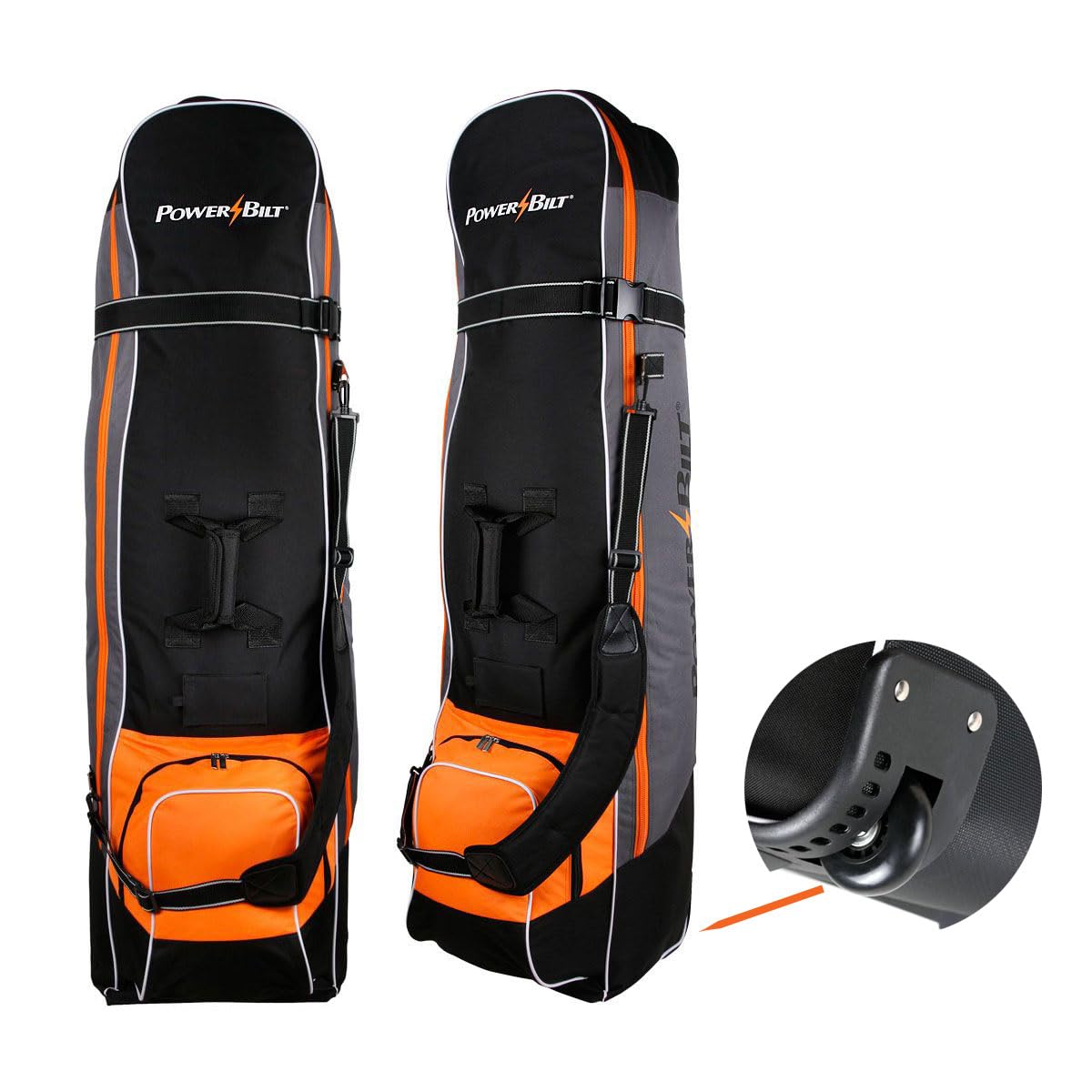 Powerbilt TPS Deluxe Wheeled Golf Travel Cover - Black/Gray/Orange Padded Golf Club Bag with Wheels for Airline Travel | Durable Protection for Golf Clubs During Flights & Storage