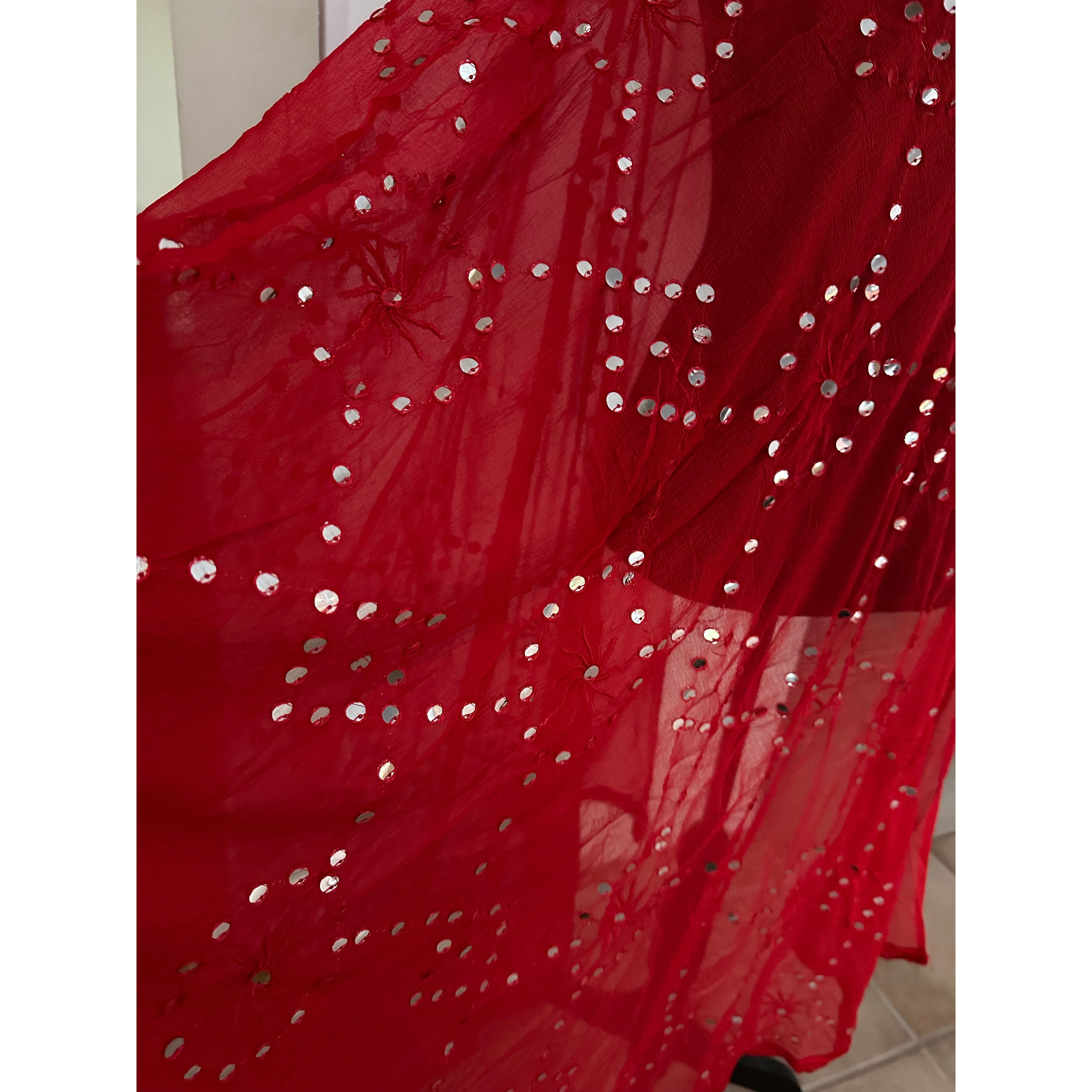 Elegant Red Dupatta with Mirror Embroidery - Perfect for Weddings, Festivals & Cultural Events