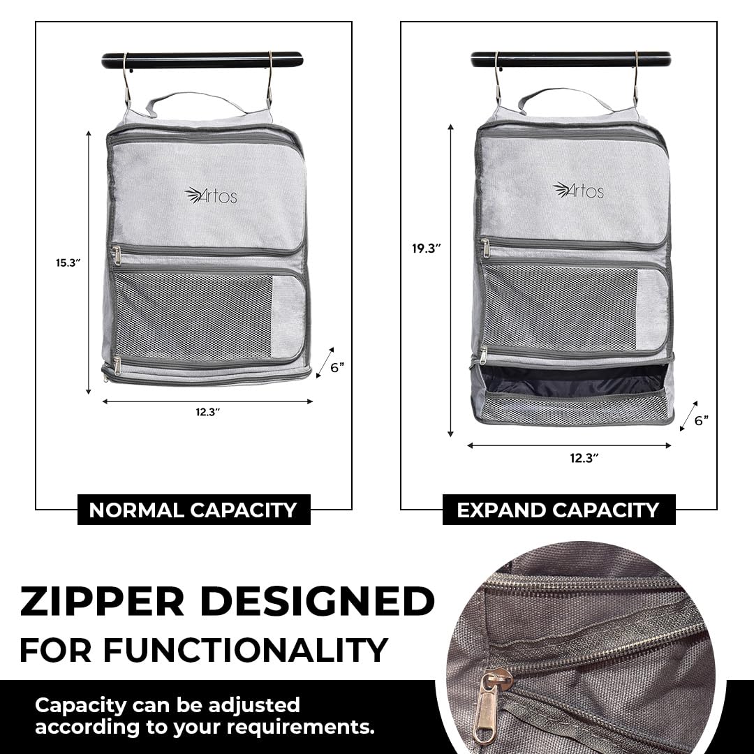 Artos Hanging Portable Luggage Organizer with Hooks - Travel Suitcase Storage for Carry-On, RV & Camping | Packing Cube for Clothes & Accessories | Space-Saving Grey Shelving Solution (Ideal for Business Trips, Vacations & Road Trips)