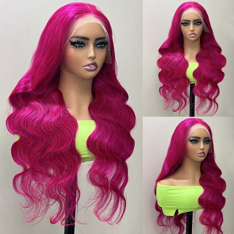 Eullair Fuchsia Pink Straight Human Hair Wig - Rose Red Body Wave Lace Frontal Wig for Women (EW001) | Perfect for Cosplay, Parties & Daily Wear