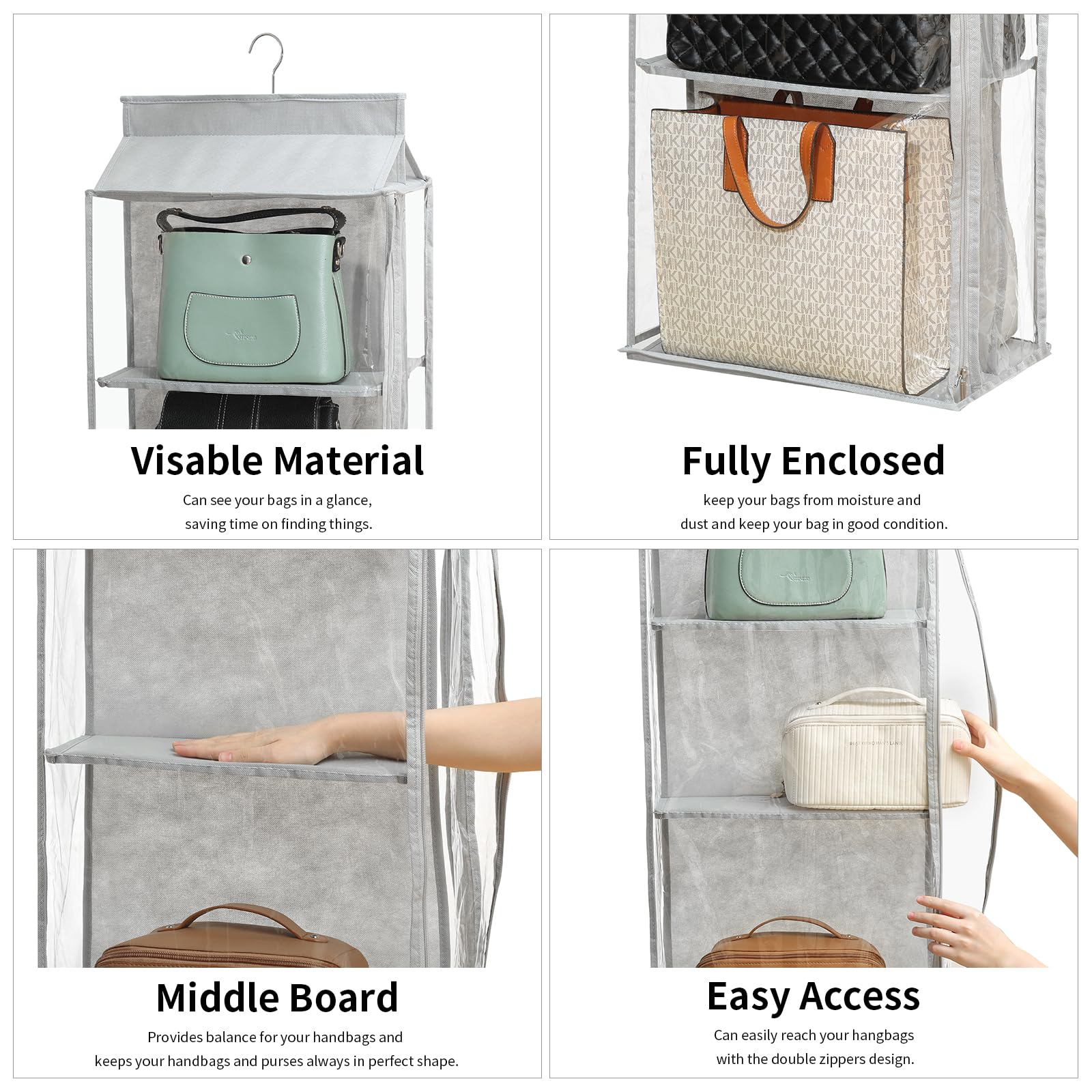 8 Grids in 1 Pack Double Zipper Hanging Purse Organizer - Fully Enclosed Handbag Storage for Closet | Perfect for Travel, Home & Office Organization