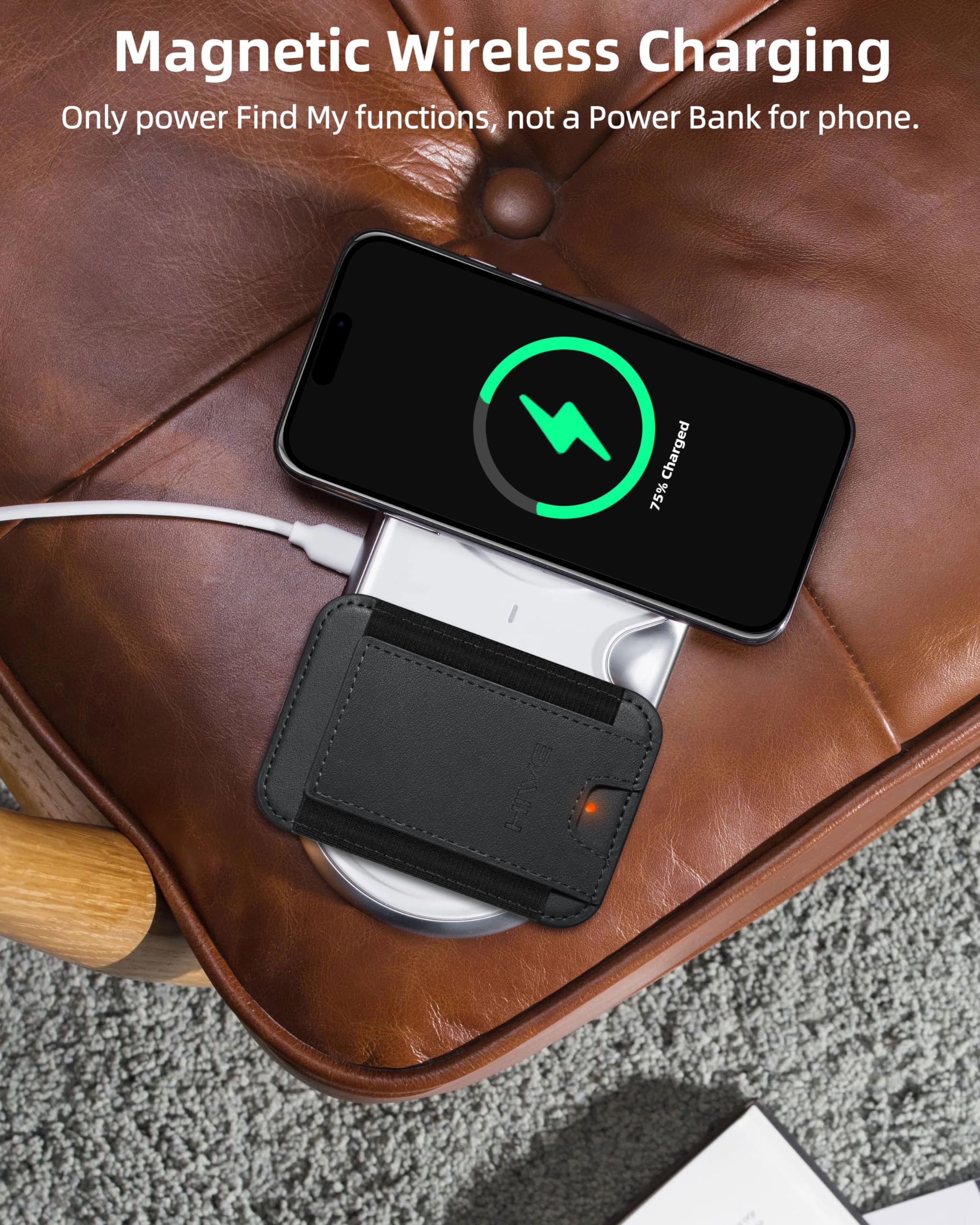 HiWe MagSafe Wallet with Rechargeable Find My Tracker - Slim Vegan Leather Magnetic Wallet for iPhone 16/15/14/13/12 Series | RFID Blocking, 1 Card Slot | Perfect for Travel, Work & Everyday Carry (Black)