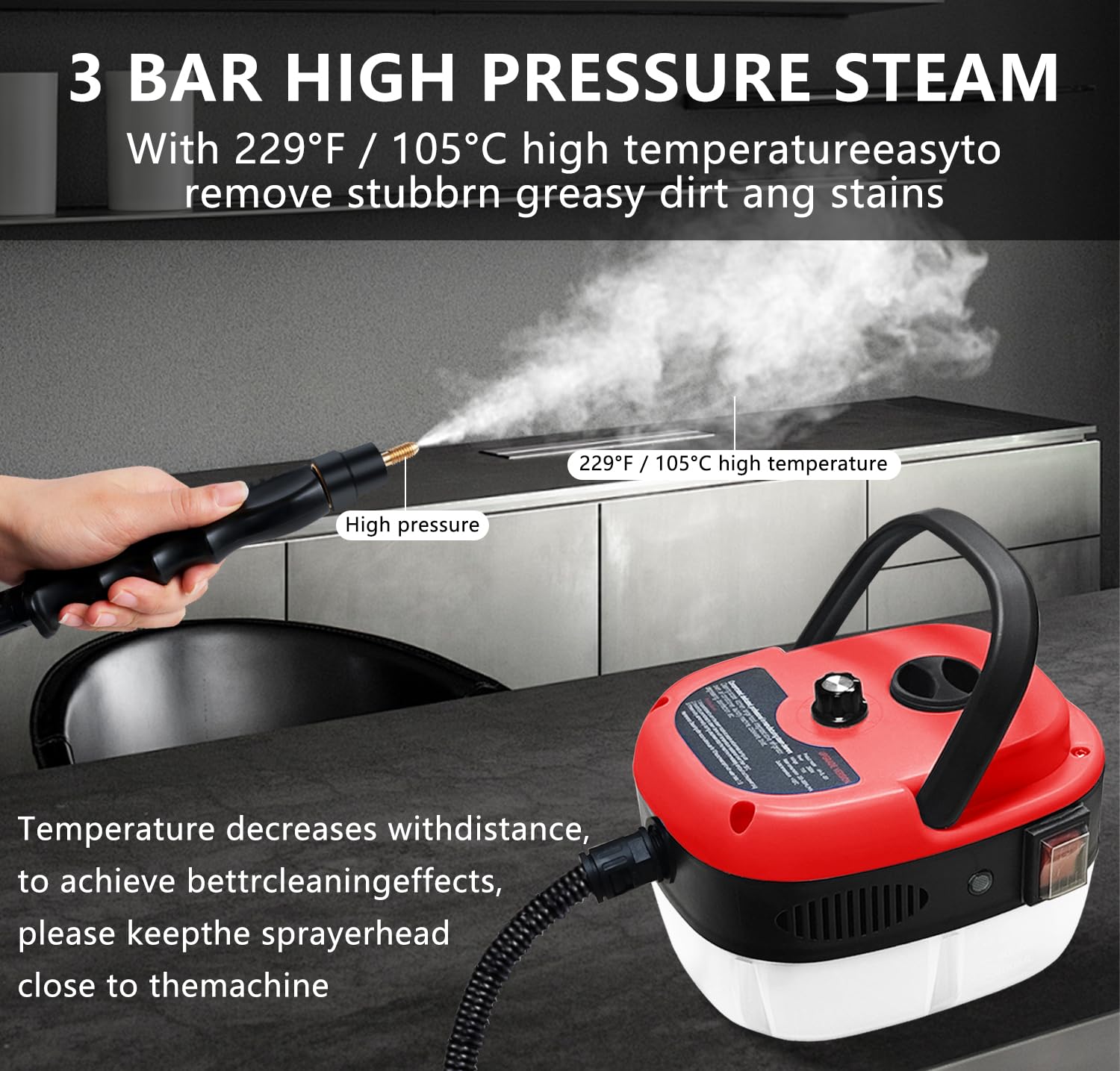 2500W Handheld Steam Cleaner with 3 Brush Heads - Portable Pressurized Steam Cleaner for Home, Car, Kitchen, Bathroom & Furniture - Perfect for Deep Cleaning Floors, Upholstery, Tiles & More - Red