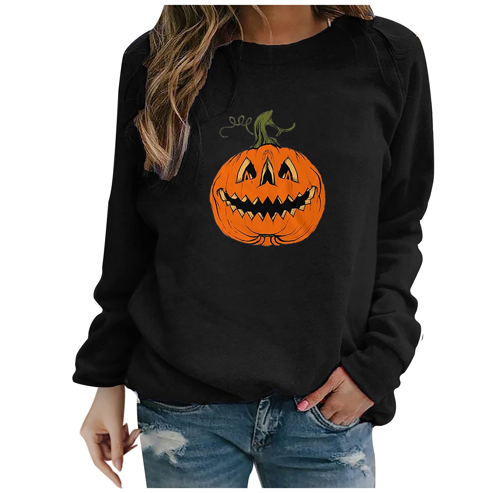 HAOREEKZ Women's Halloween Costume Fleece Sweatshirt - Loose Fit Printed Round Neck Long Sleeve Blouse Top for Halloween Parties, Cosplay & Festive Outfits