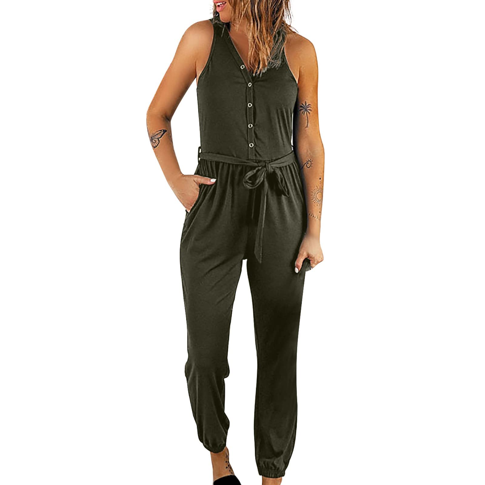 Women's Summer V-Neck Sleeveless High Waist Belted Long Jumpsuit Romper with Pockets - Casual Beachwear & Vacation Outfit for Women
