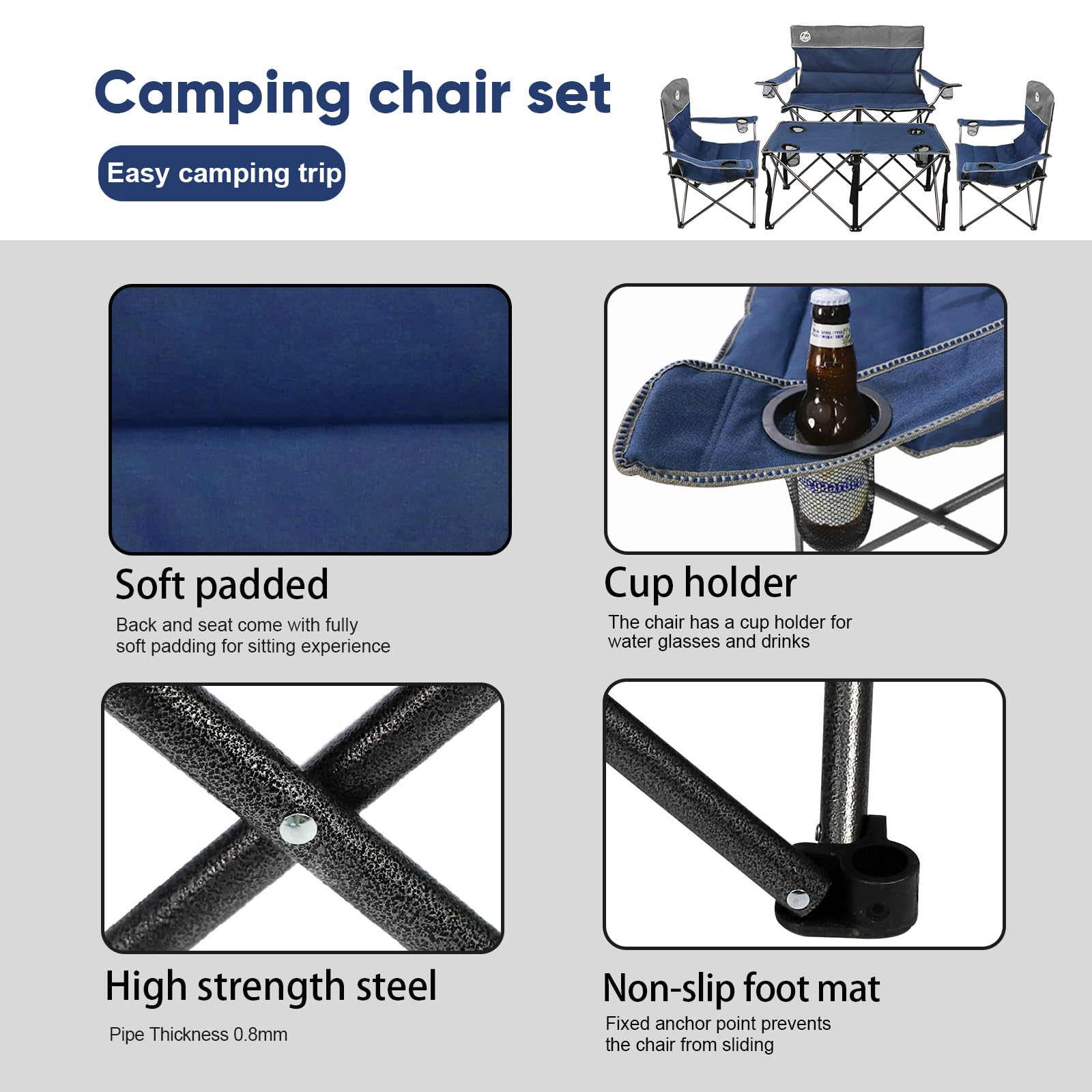 4-Piece Folding Camping Chair Set - Portable Collapsible Outdoor Furniture with 1 Loveseat, 2 Single Chairs & Side Table - Perfect for Patio, Backyard, Beach, Picnics & Camping Trips (Blue)