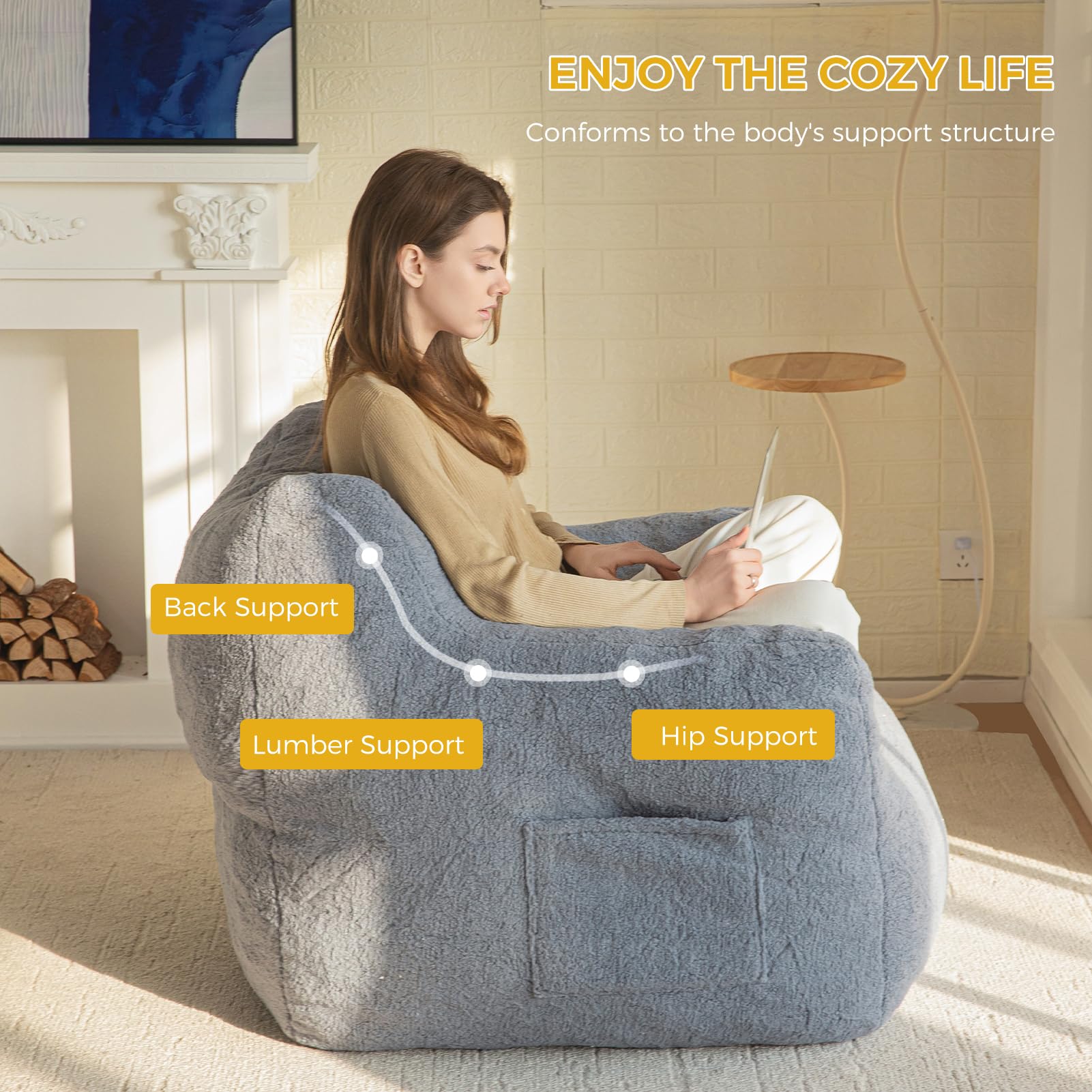 MAXYOYO Tufted Bean Bag Chair with Boucle Fabric - Ultra Soft Comfortable Lazy Sofa for Adults & Teens - Includes Filler - Perfect for Living Room, Bedroom, Game Room or Dorm - Grey