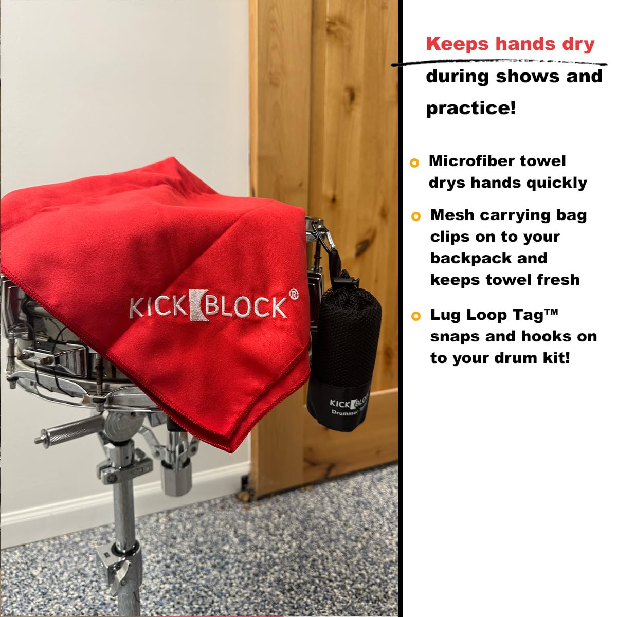 Drummer Towel - Quick Dry & Sweat Absorbing Hand Towel for Musicians - Drum Kit Accessory with Clip - Perfect for Live Performances & Practice Sessions - Ideal Gift for Drummers (Red)
