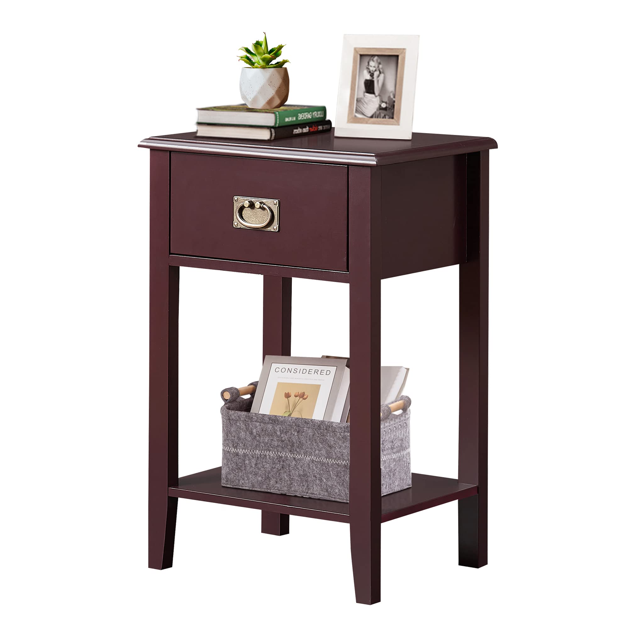 VECELO Vintage Nightstand with Drawer - Solid Wood Legs, Black Walnut Finish - Compact Side Table for Bedroom, Living Room & Small Spaces - Perfect for Bedside Storage & Home Decor