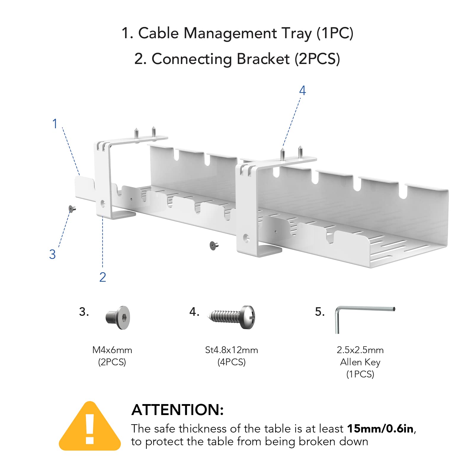 FLEXISPOT Under Desk Cable Management Tray - Metal Wire Raceway Organizer for Office & Home Standing Desks | Cable Tidy Solution for Computer, TV & Gaming Setup (White)