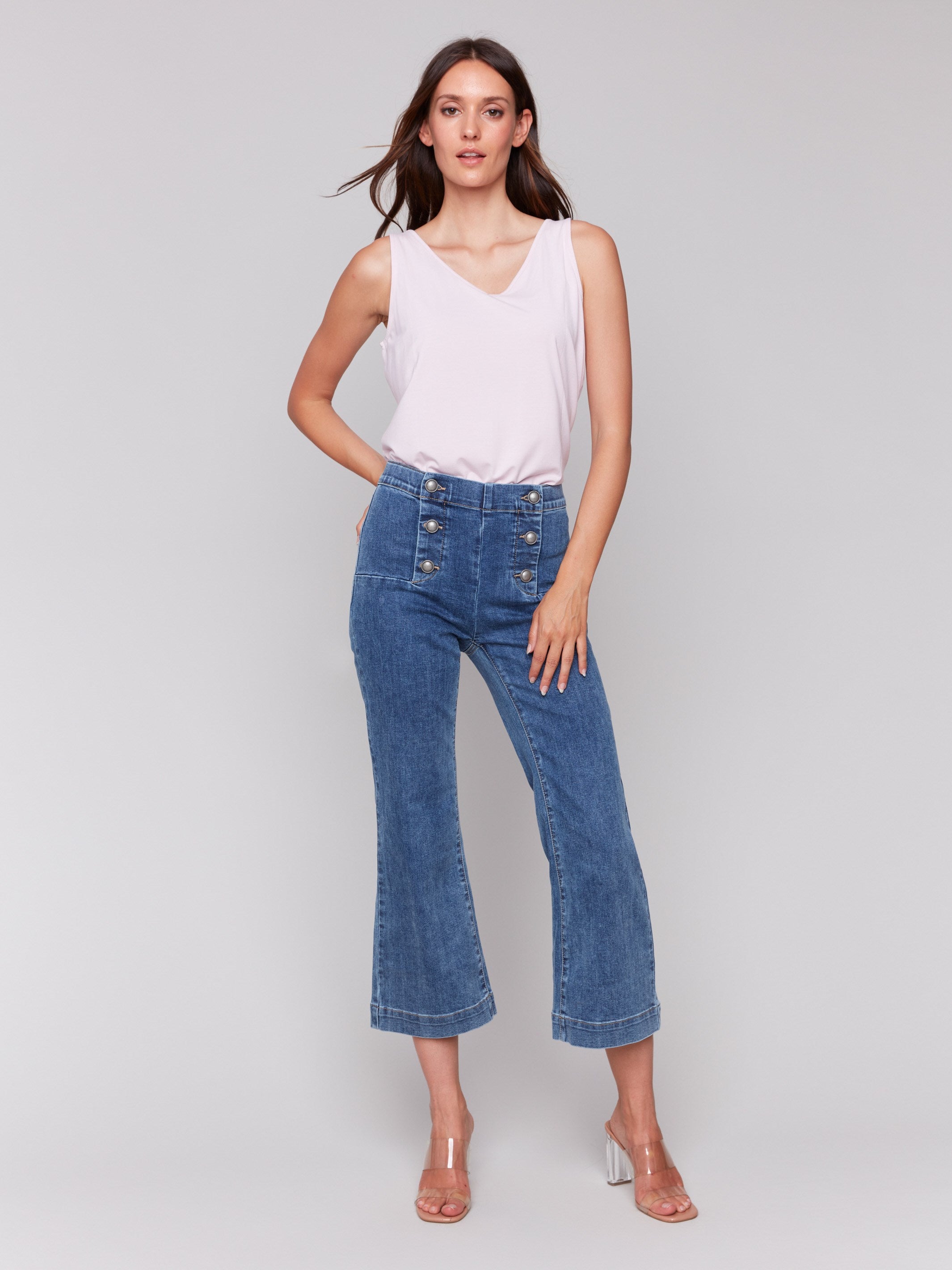 Cropped Pull On Flare Jeans with Front Buttons - Medium Blue Washed Denim Pants for Women | Casual Outfit, Streetwear & Boho Style