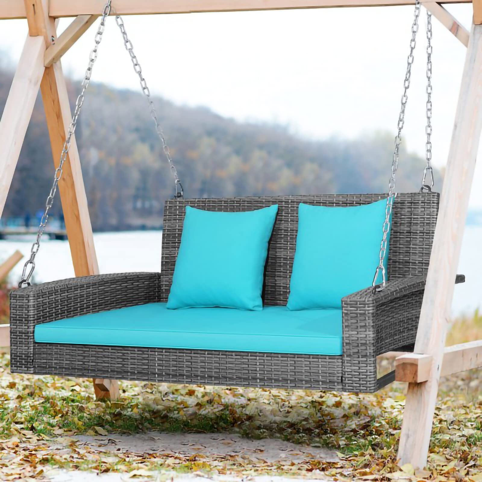 2-Person Wicker Hanging Porch Swing Bench with Cushions - 800lbs Weight Capacity Outdoor Swing Chair for Backyard, Garden, Patio - Turquoise Hanging Seat for Relaxing & Lounging