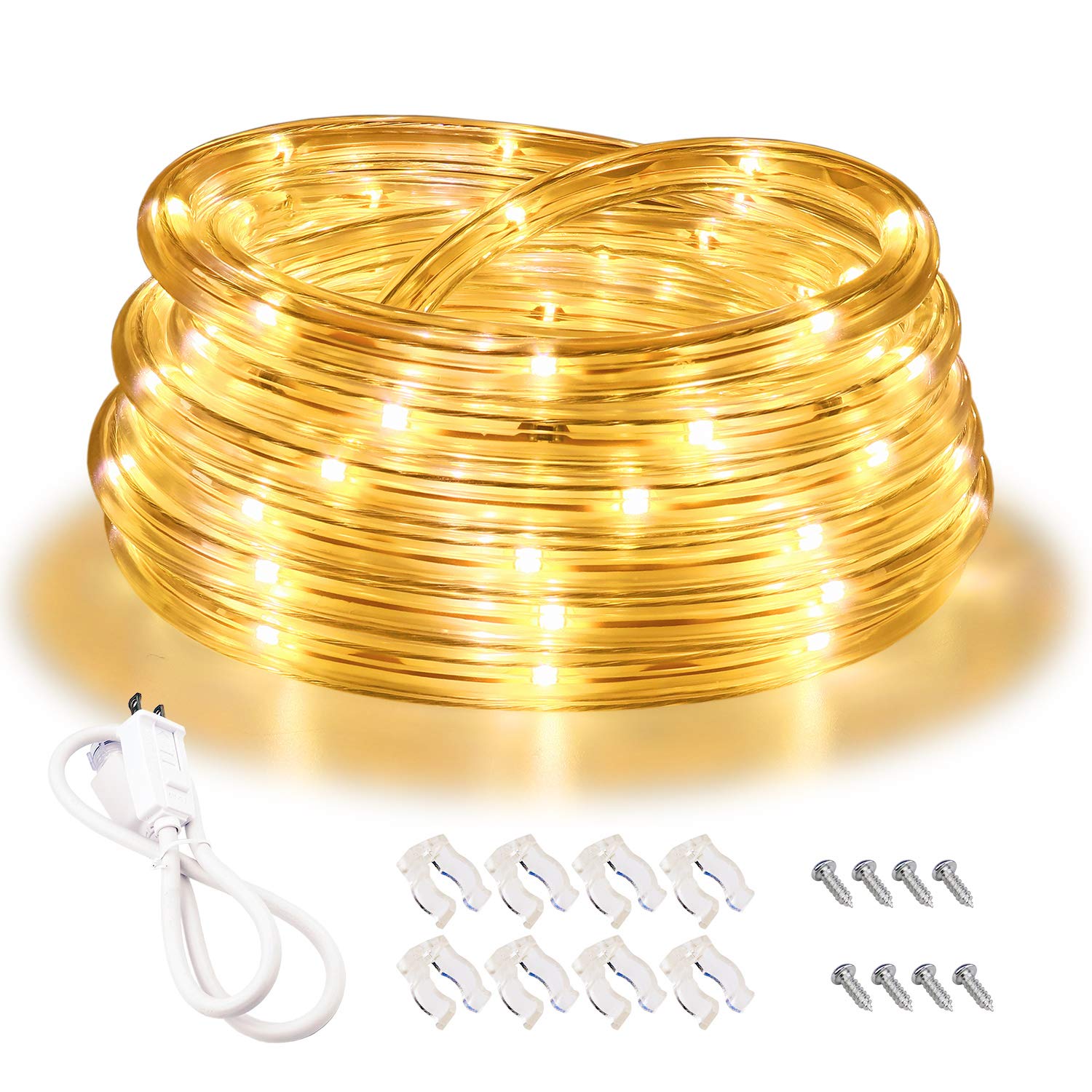 16ft Warm White LED Rope Lights - Connectable Flexible Strip Lights with Fuse Holder, Clear Thick PVC Jacket & High Brightness LEDs - Waterproof Indoor/Outdoor Lighting for Patio, Garden, Christmas Decor