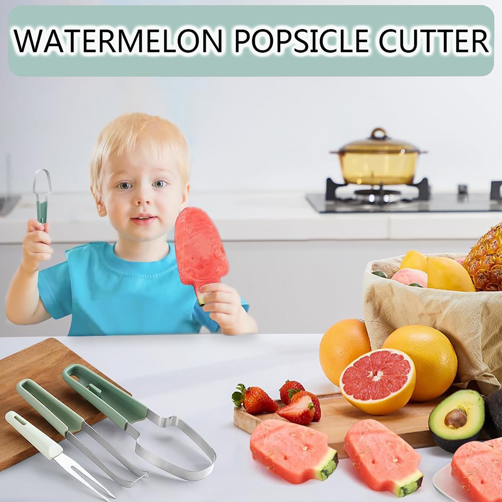 **3-in-1 Stainless Steel Watermelon Cutter & Slicer Tool – Watermelon Popsicle Maker for Kids, Portable Fruit Fork – Perfect for Summer BBQs, Picnics, and Healthy Snacks**