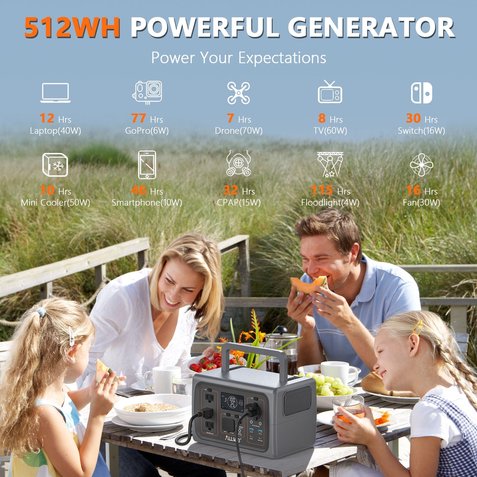 ALLWEI PPS600 500W Portable Power Station with 512Wh Capacity - Perfect for Camping, Outdoor Adventures, and Emergency Backup Power