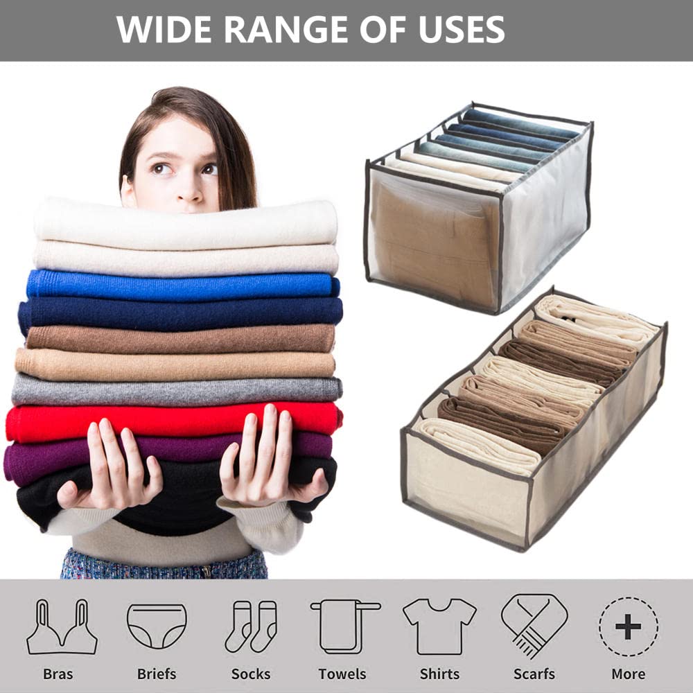 7 Grids Washable Wardrobe Clothes Organizer - Foldable Jeans Storage Divider - Mesh Closet Drawer Organizer with Visible Compartments (Gray) - Perfect for T-Shirts, Pants & Sweaters Organization