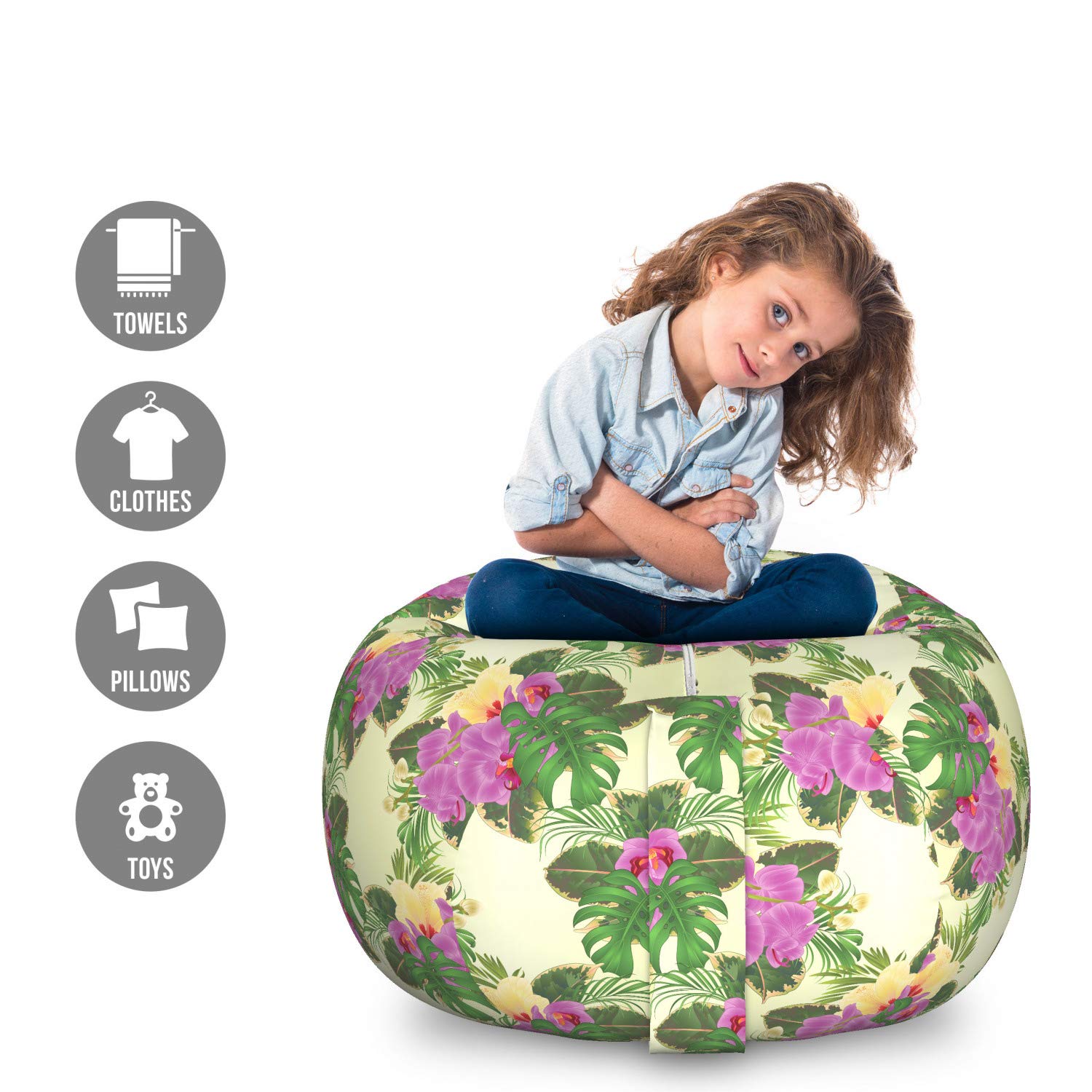 Ambesonne Large Philodendron Storage Toy Bag Chair - Monstera Leaves Orchid Hibiscus Floral Pattern, Washable Stuffed Animal Organizer for Kids Room, Nursery, Playroom - Cream Fuchsia Color