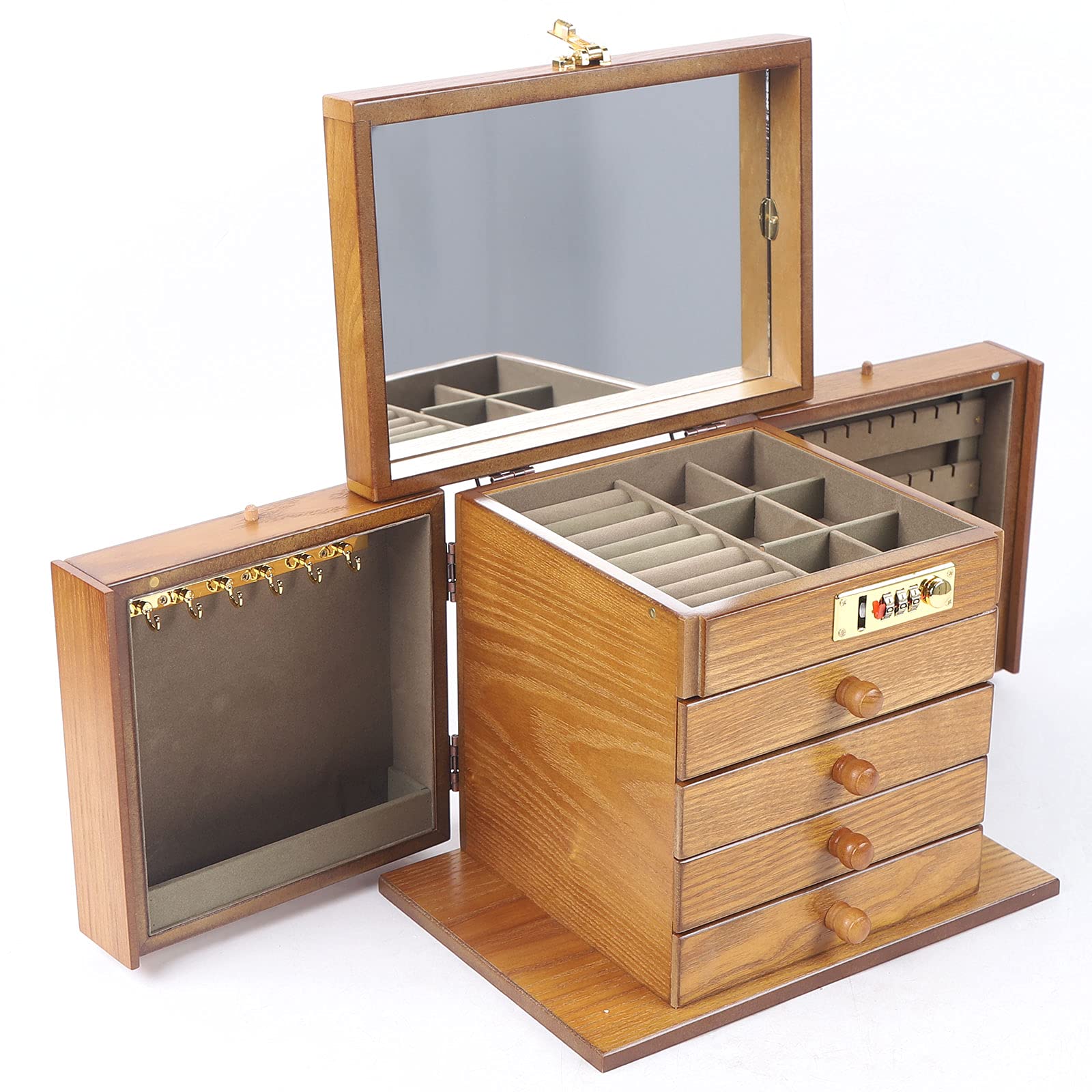 Vintage Wooden Jewelry Box with Lock & Mirror - 5-Layer Large Jewelry Organizer with Drawers for Necklaces, Rings, Earrings, Bracelets - Perfect Gift for Girls & Women, Home Decor & Travel Storage (Brown)
