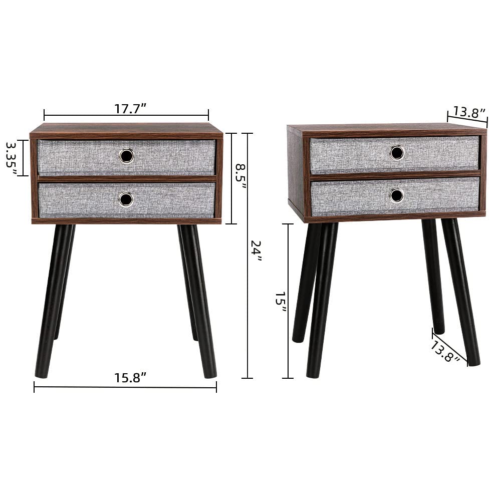 Mid Century Modern Nightstand Set of 2 - Industrial Bedside Table with Fabric Drawer for Bedroom & Living Room - Easy to Assemble Brown End Tables - Perfect for Small Spaces, Apartment Furniture & Guest Room Decor