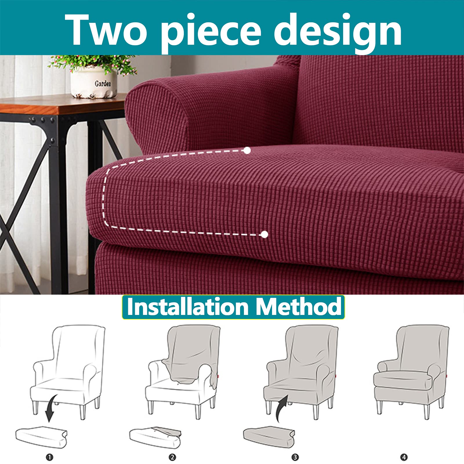 2-Piece High Stretch Wing Chair Slipcover Set - Ultra Soft Machine Washable Jacquard Wingback Armchair Covers with Separate Cushion Cover for Living Room, Bedroom, Reception or Cafe Decor