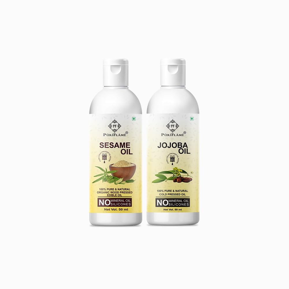 PuriFlame 100% Pure Sesame Oil & Jojoba Oil Combo Set - 50ML Each for Hair Growth, Anti Hair Fall, Split Ends Treatment - Promotes Soft, Shiny & Healthy Hair (Pack of 2) - Perfect for Daily Hair Care & Scalp Massage at Home