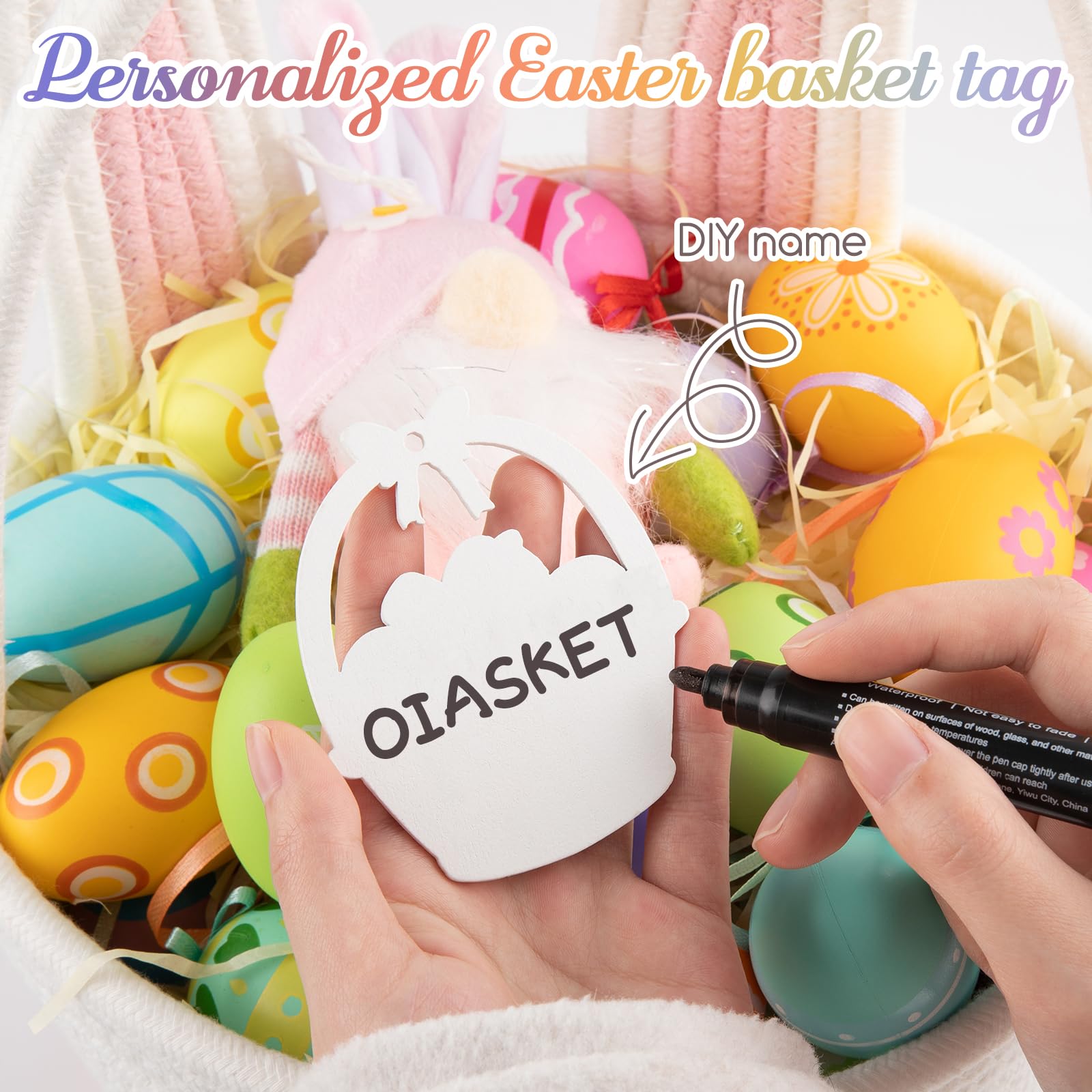 Personalized Easter Basket for Toddlers - Woven Baby Easter Gift Basket with Handle - Empty Bunny Egg Basket for Girls, Boys & Kids - Pink & White - Perfect for Easter Egg Hunts, Party Favors & Spring Decorations