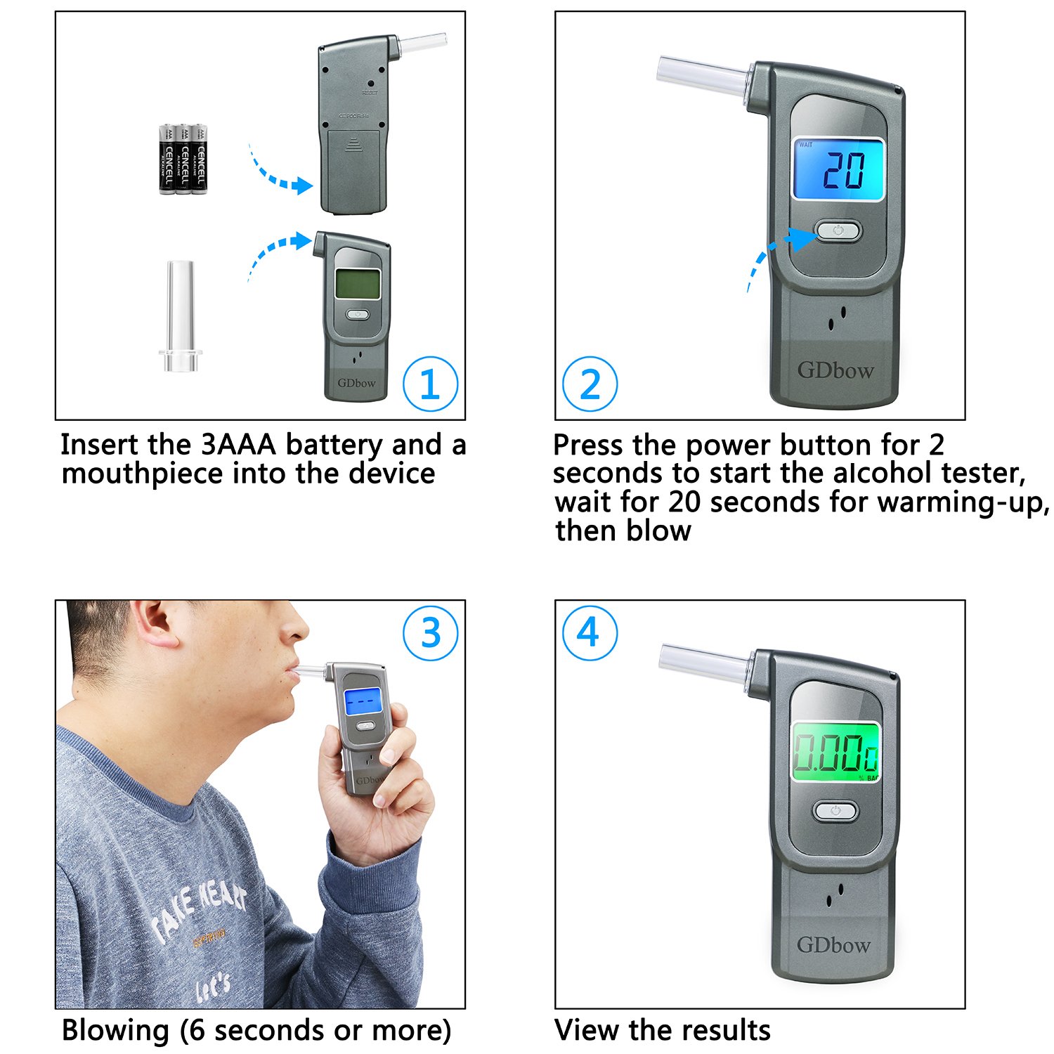 Portable Breathalyzer Alcohol Tester with 32 Test Memory & 5 Mouthpieces - Grey | Accurate BAC Measurement for Personal, Workplace & Road Safety