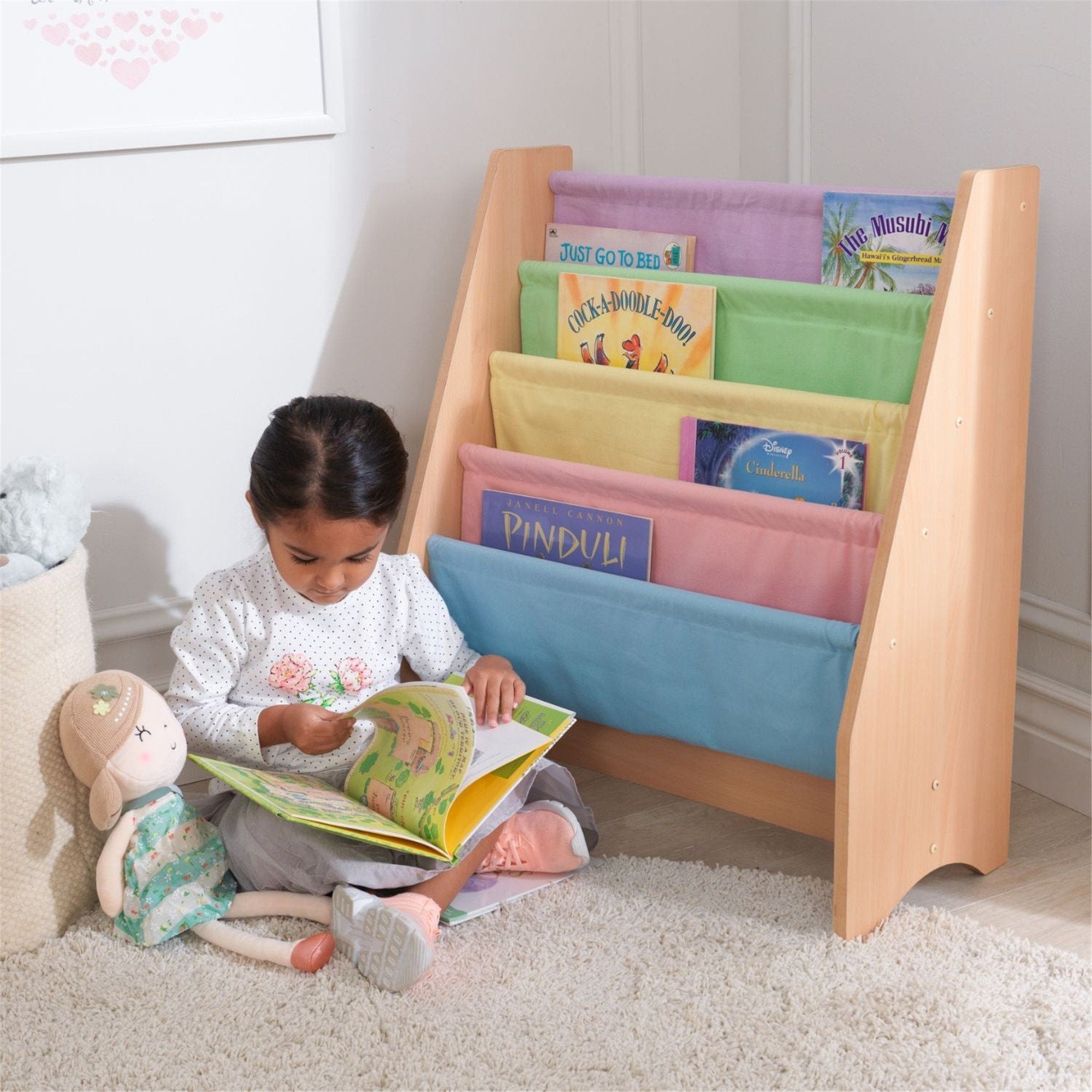 KidKraft Pastel Sling Bookshelf - Wooden Bookshelf for Kids, Nursery & Playroom - Perfect for Organizing Children's Books, Toys & Decor