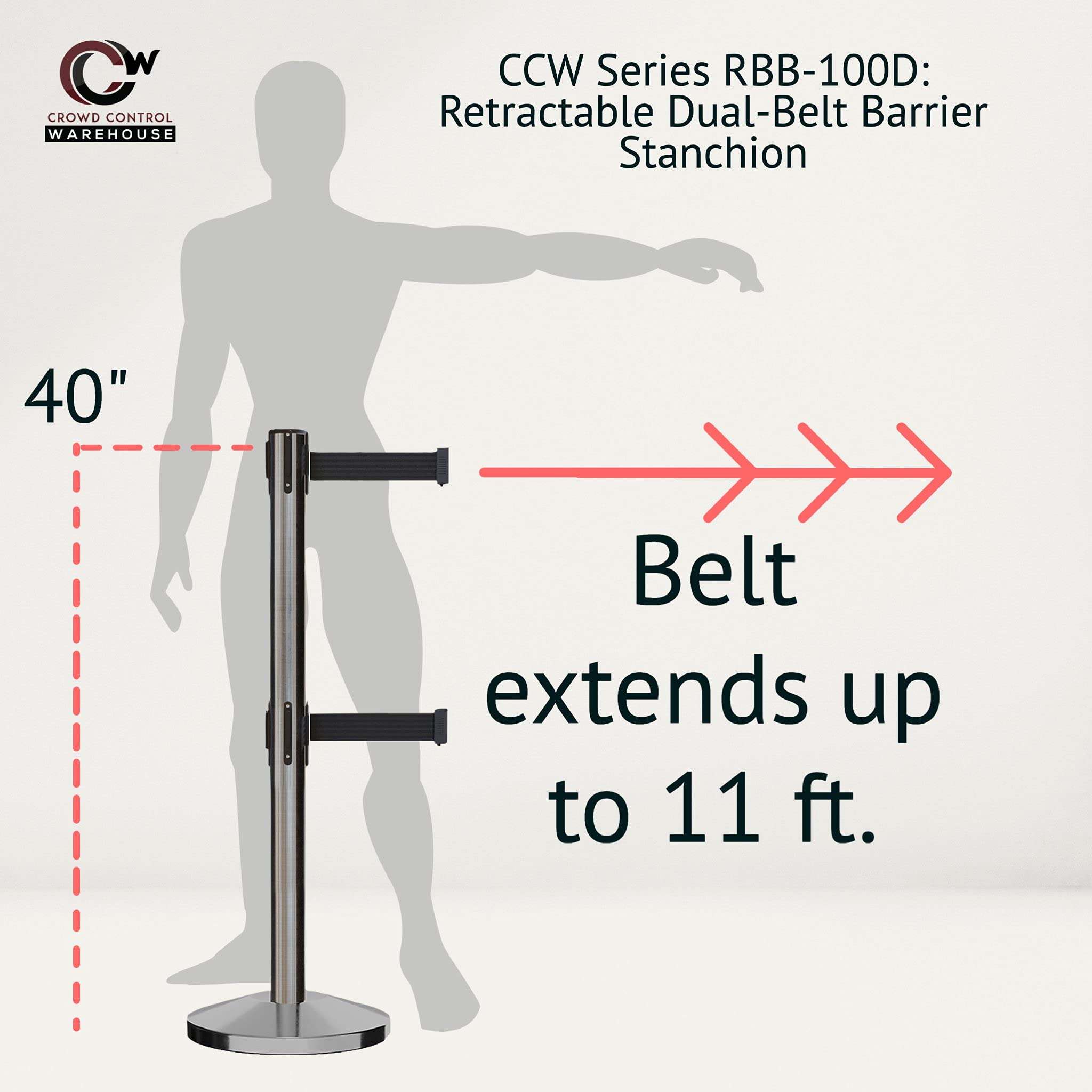 CCW Set of 2 Retractable Belt Barriers with Sloped Base - 11ft Black Dual Belt & Satin Stainless Steel Post - Perfect for Crowd Control in Retail Stores, Events, and Queue Management