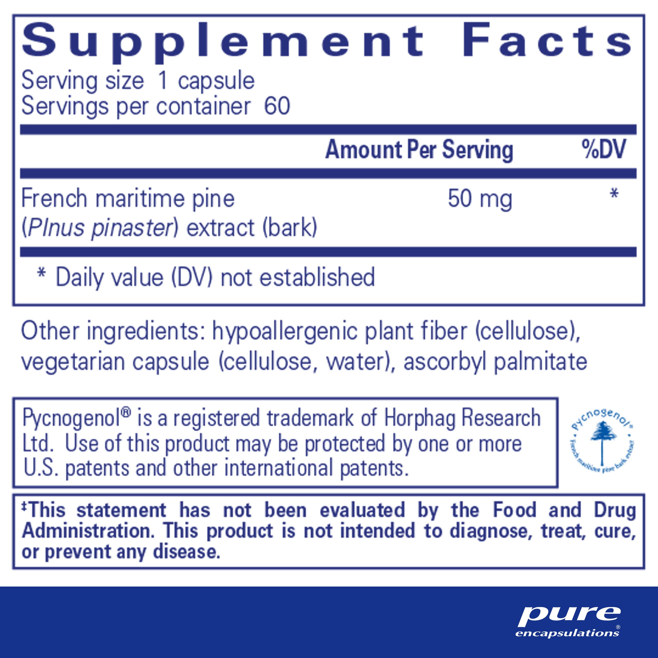 Pure Encapsulations Pycnogenol 50mg (Pine Bark Extract) | Hypoallergenic Supplement for Brain & Heart Health | Cognitive Function & Cardiovascular Support | 60 Capsules | Ideal for Memory Focus & Healthy Circulation