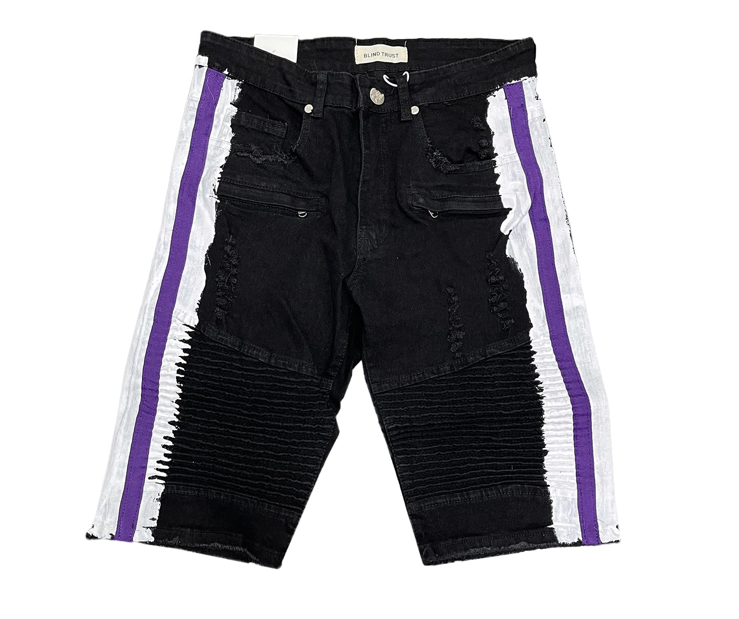 Men's Black Denim Shorts with Purple Side Stripes - Stylish Casual Summer Shorts for Beach, Vacation & Outdoor Activities | Comfortable Streetwear for Men | Perfect for Hiking, Travel and Weekend Wear | Great for Music Festivals, BBQ Parties and City Exploration | Ideal for Summer Fashion, Street Style and Casual Outings