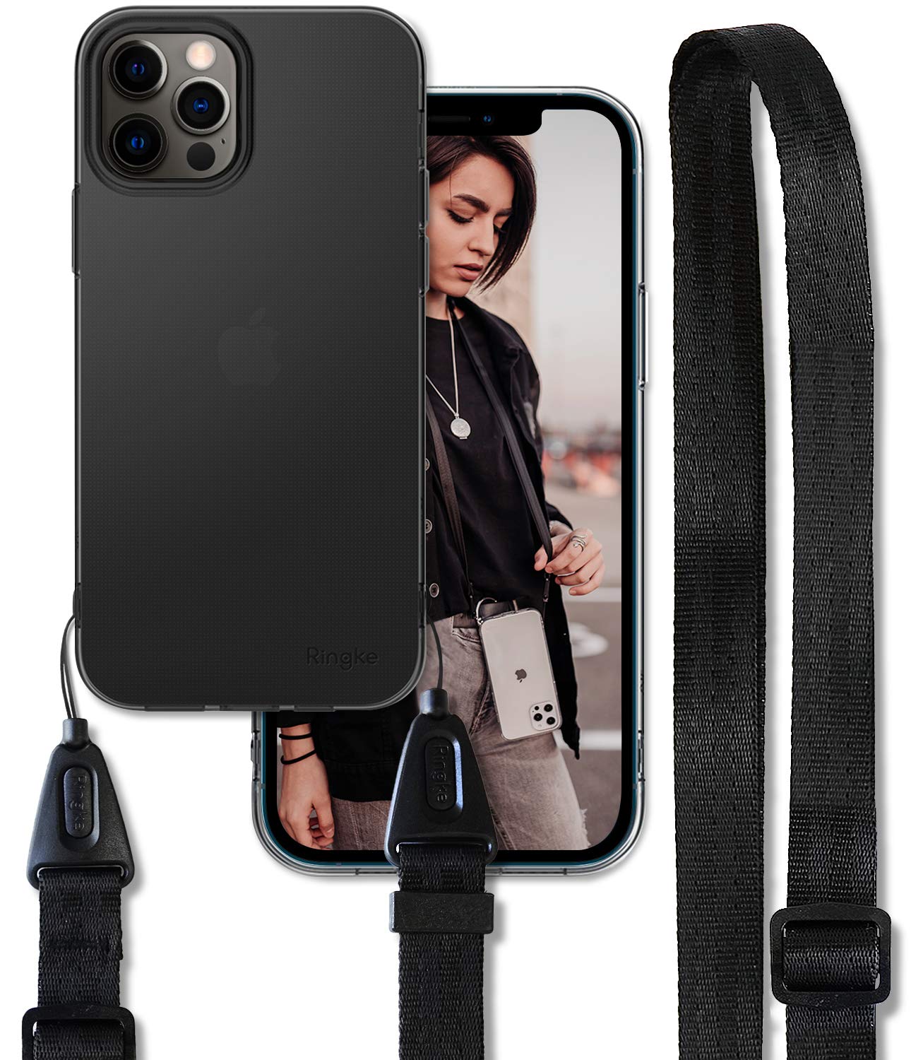 Ringke Air Shoulder Strap for iPhone 12 Pro Max Case (6.7-inch 2020) - Smoke Black | Crossbody Necklace Lanyard with Clear TPU Silicone Phone Cover | Perfect for Travel, Shopping & Hands-Free Convenience