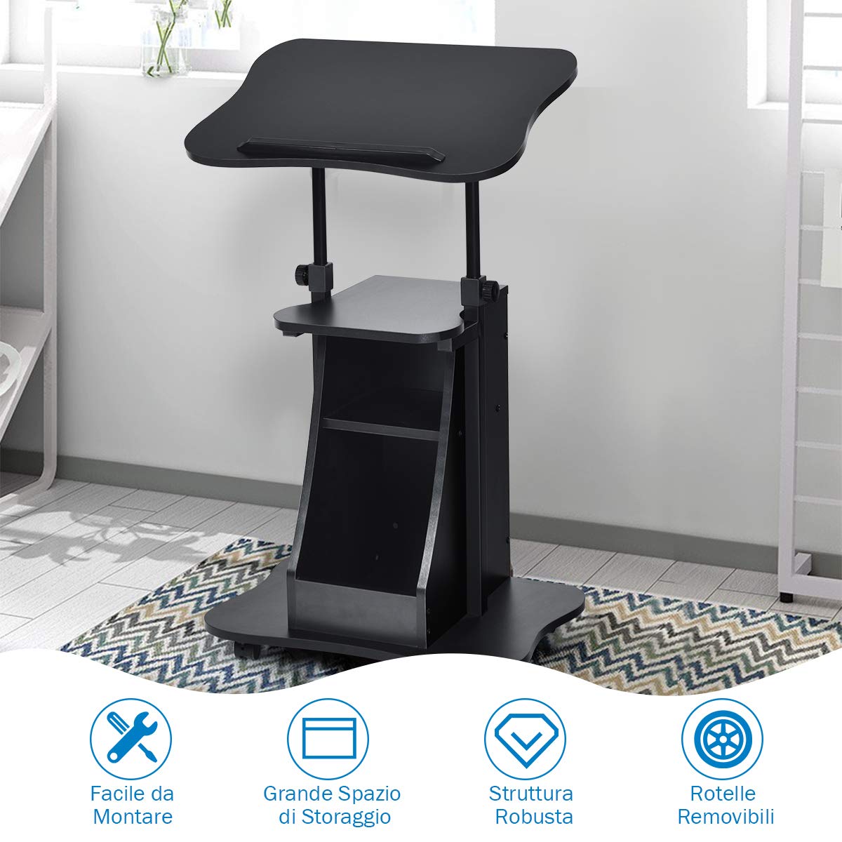 Height Adjustable Mobile Laptop Podium Stand - Rolling Sit to Stand Lectern with Swivel Top & Lockable Wheels, Computer Desk with Shelves for Classroom, Church, Home Office & Conference Room Presentations